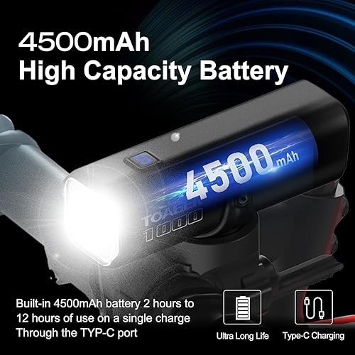 Miniatura 3 de Luz de bicicleta T1000 de 1000 lúmenes, 4500 mAh, USB tipo C, recargable, IPX6, luz delantera de bicicleta impermeable para carretera, urbana,