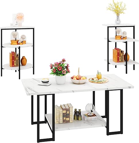 Miniatura 9 de Hooseng Juego de 3 mesas auxiliares y mesas auxiliares, moderno juego de mesa de sala de estar con marco de metal para apartamento, hogar, oficina,