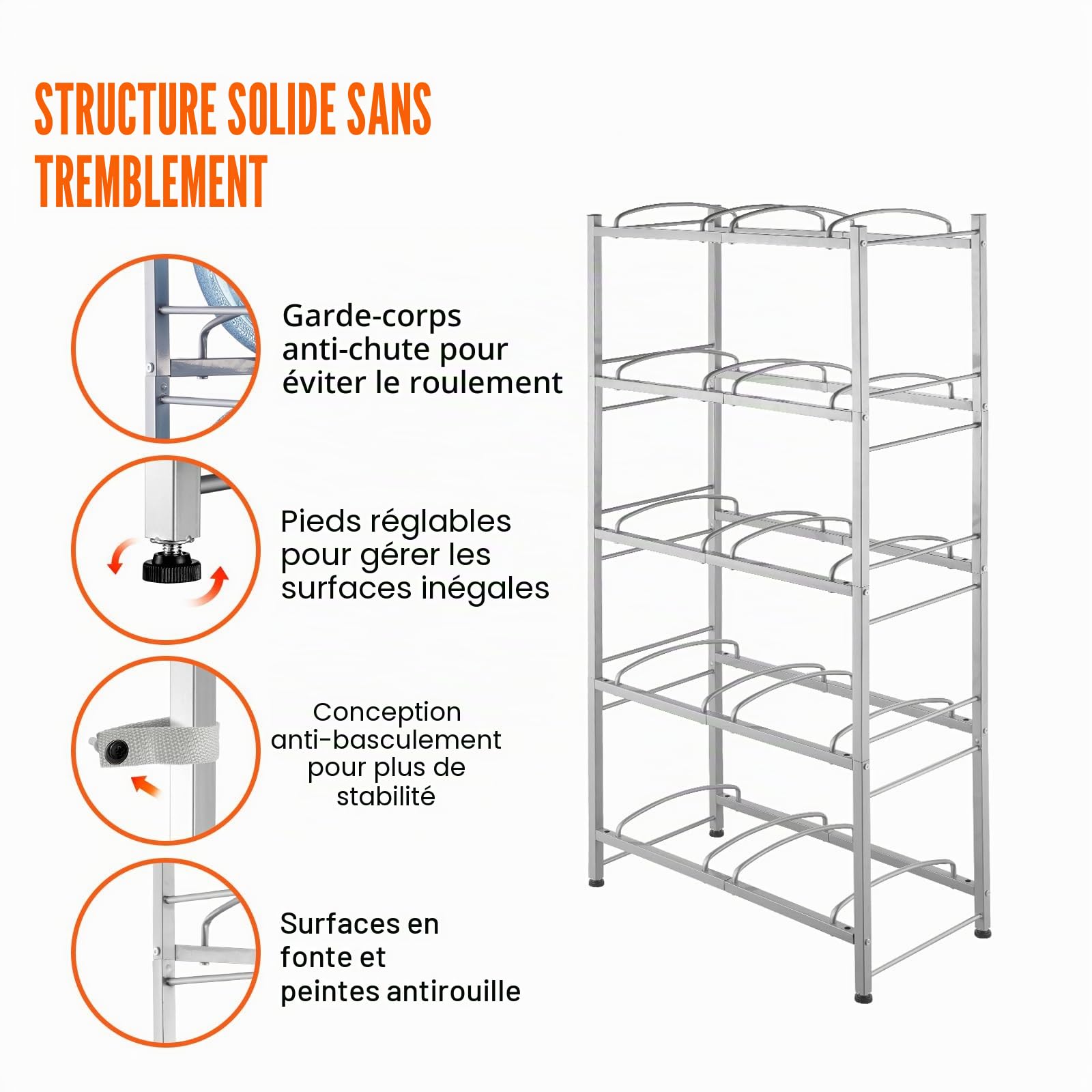 VEVOR Rack à Bonbonnes à 5 Niveaux et 2 Rangées, Support Bouteille d’Eau de 18,9 L, Capacité 10 Pièces, Range Bonbonnes d’Eau Solide, Rangement pour Garde-Manger, Cuisine, Bureau, Salon, Usine