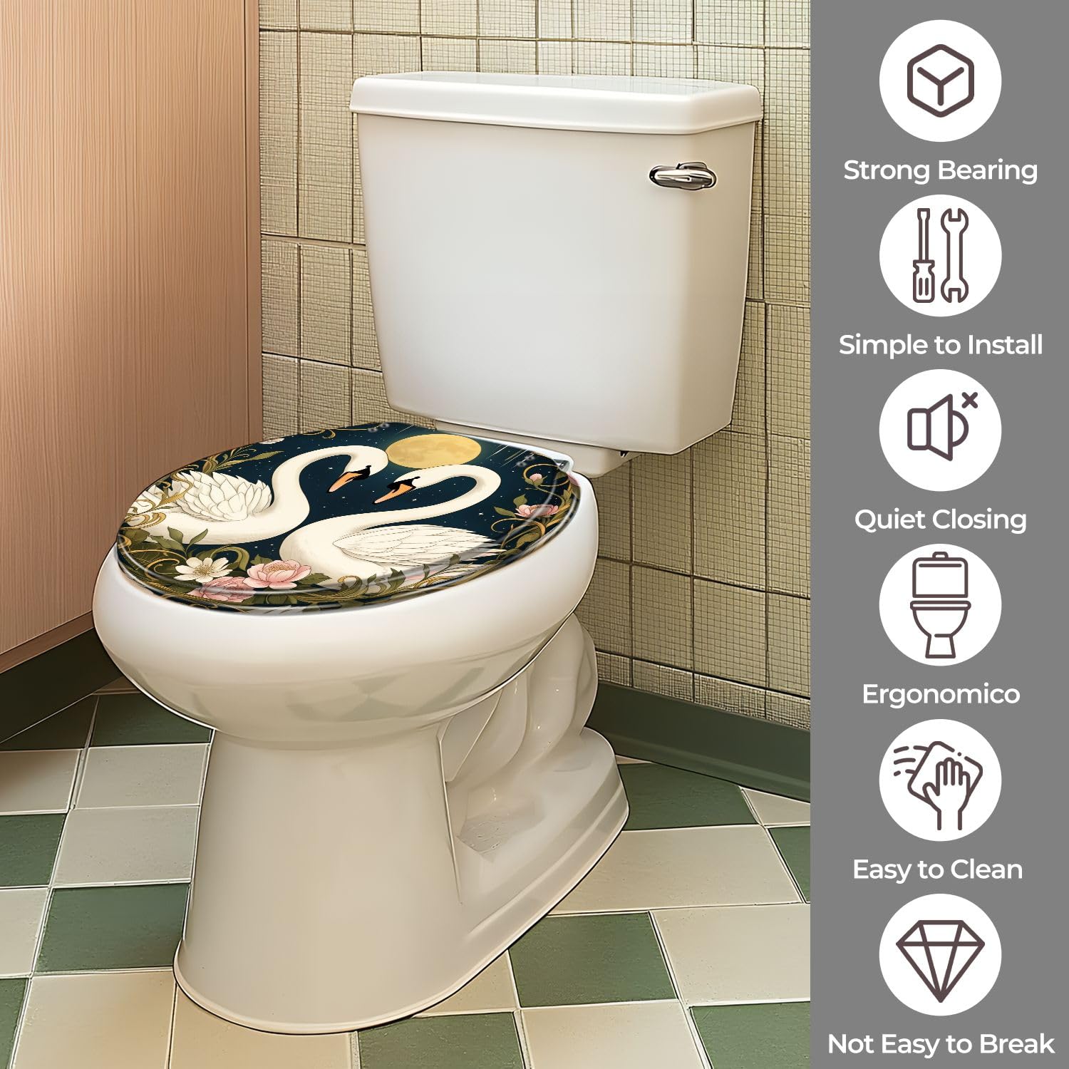 Asiento de inodoro redondo de resina con cierre suave, liberación rápida y fácil limpieza. Diseño floral.