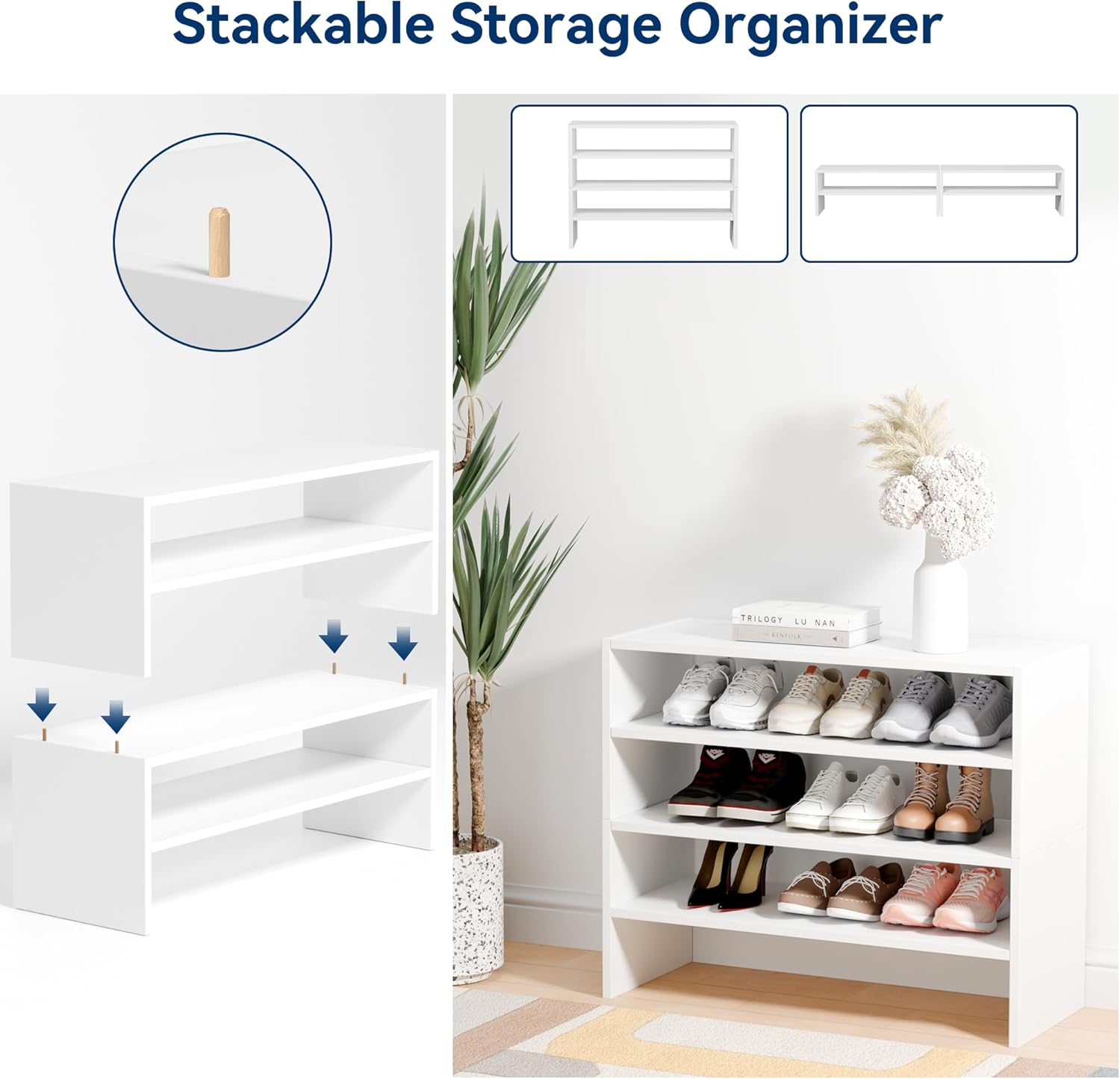 Whitmor Stackable 28" Extra Wide 2-Shelf Storage Organizer, Stackable Wood Combination Shoe Organizer Racks Shelves for Closets, Entryway, Hallway, Garage,White,2 Pack