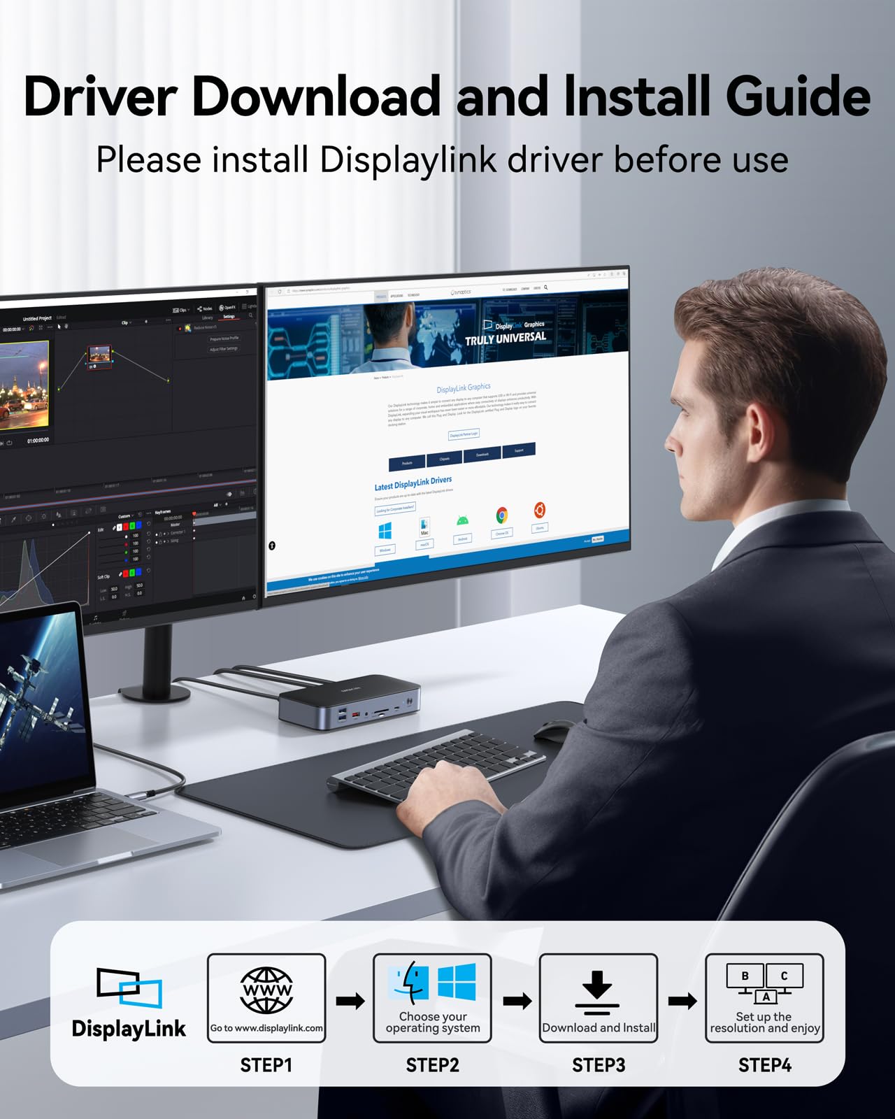 DisplayLink, docking station per MacBook Pro/Air 15 in 1, DisplayLink USB C, docking station per 2 monitor, docking station USB C con 2 HDMI, 2 DP, 2,5 Gbit/s Ethernet, USB 3.1/3.0/2.0, SD/Micro fino