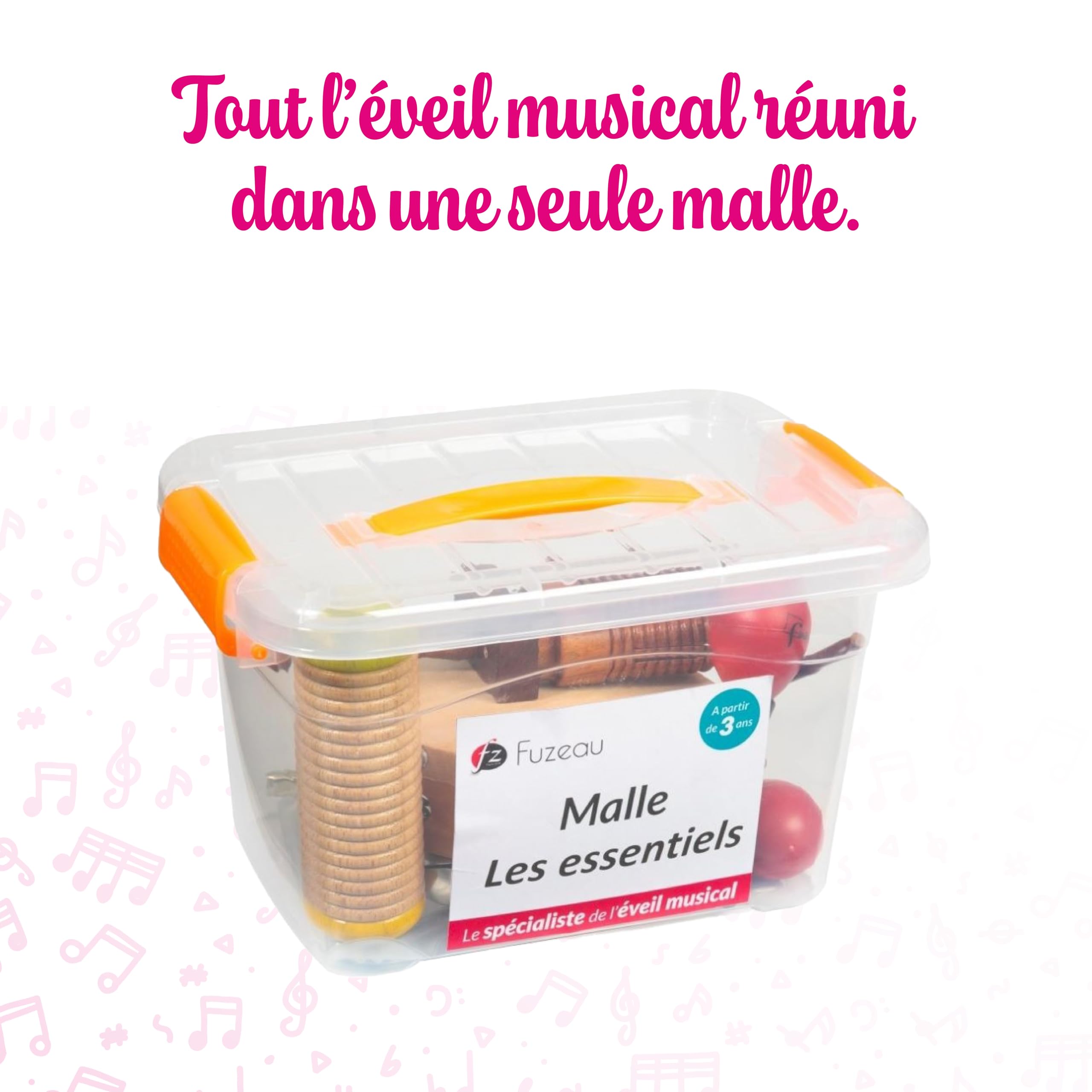 Fuzeau - Coffret « Les Essentiels » 7 Instruments De Percussion – Tambourin, Maracas, Wood Block, Grelots, Triangle, Clochettes, Castagnettes – Rangement Compact – Enfants Dès 3 Ans - Réf. 71483
