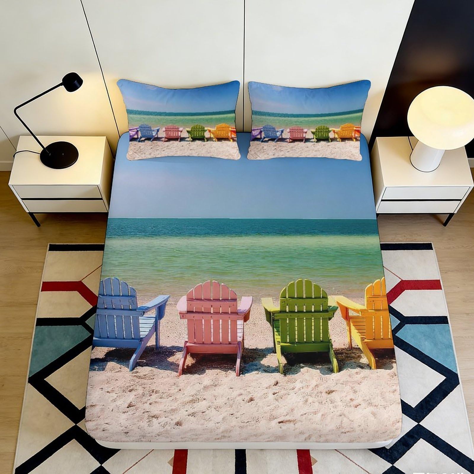 3D Printed Beach Chairs Fitted Sheet Microfiber Colourful Seaside Mattress Cover for Bedroom Guest Room Decor 90x200x25cm