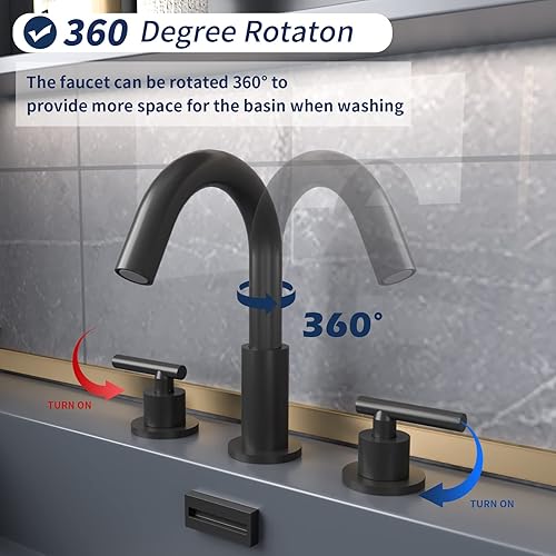 Miniatura 4 de BWE Grifo de baño de arco alto de 3 agujeros, color negro mate, grifo de lavabo de dos manijas, boquilla giratoria de 360 grados con drenaje