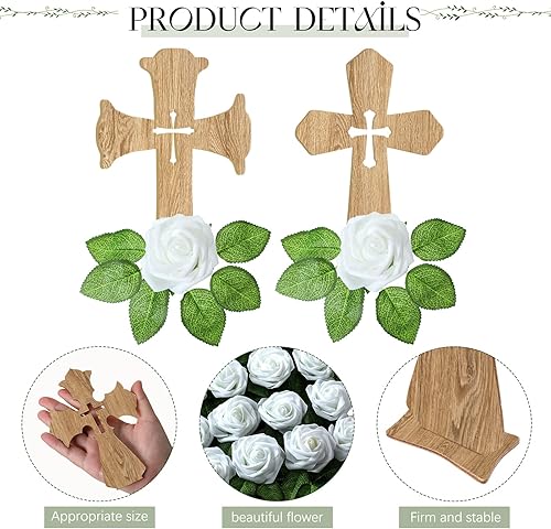 Miniatura 3 de 16 juegos de cruz de madera católica de pie con base 16 piezas de flores artificiales blancas con tallos para bautismo primera comunión mesa de boda