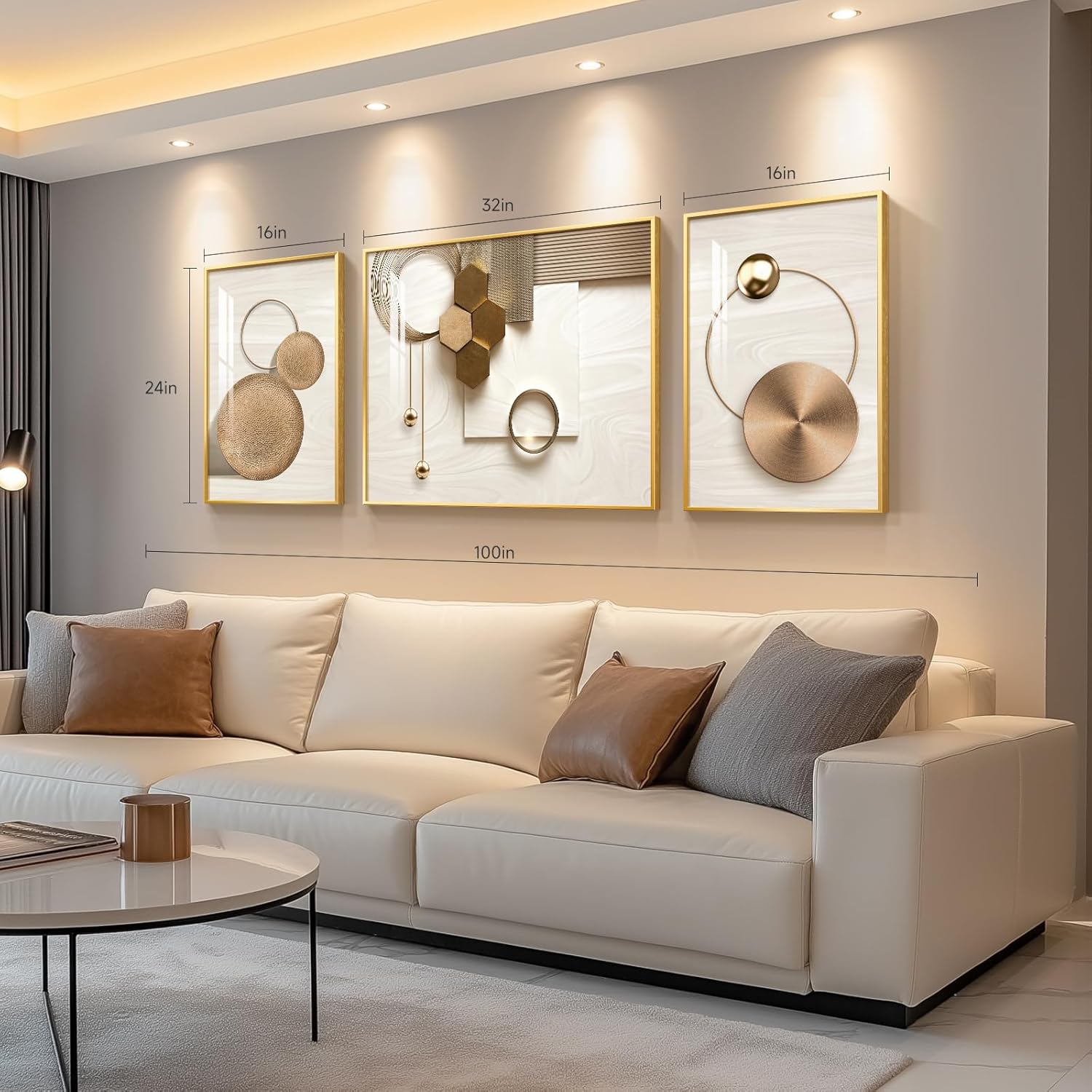 large framed modern luxury gold wall art for living room, 3 piece bright style art prints wall paintings artwork for walls, bronze gold geometric pictures for dining room bedroom office wall decor 24" h x 64" w (total size) gold geometric