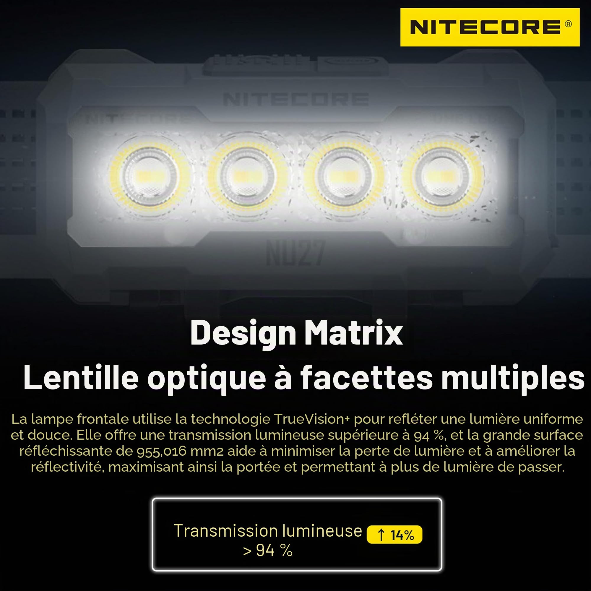 Nitecore NU27 600 Lumen Lampe frontale d'extérieur rechargeable USB-C ultra légère Plusieurs températures de couleur, Noir