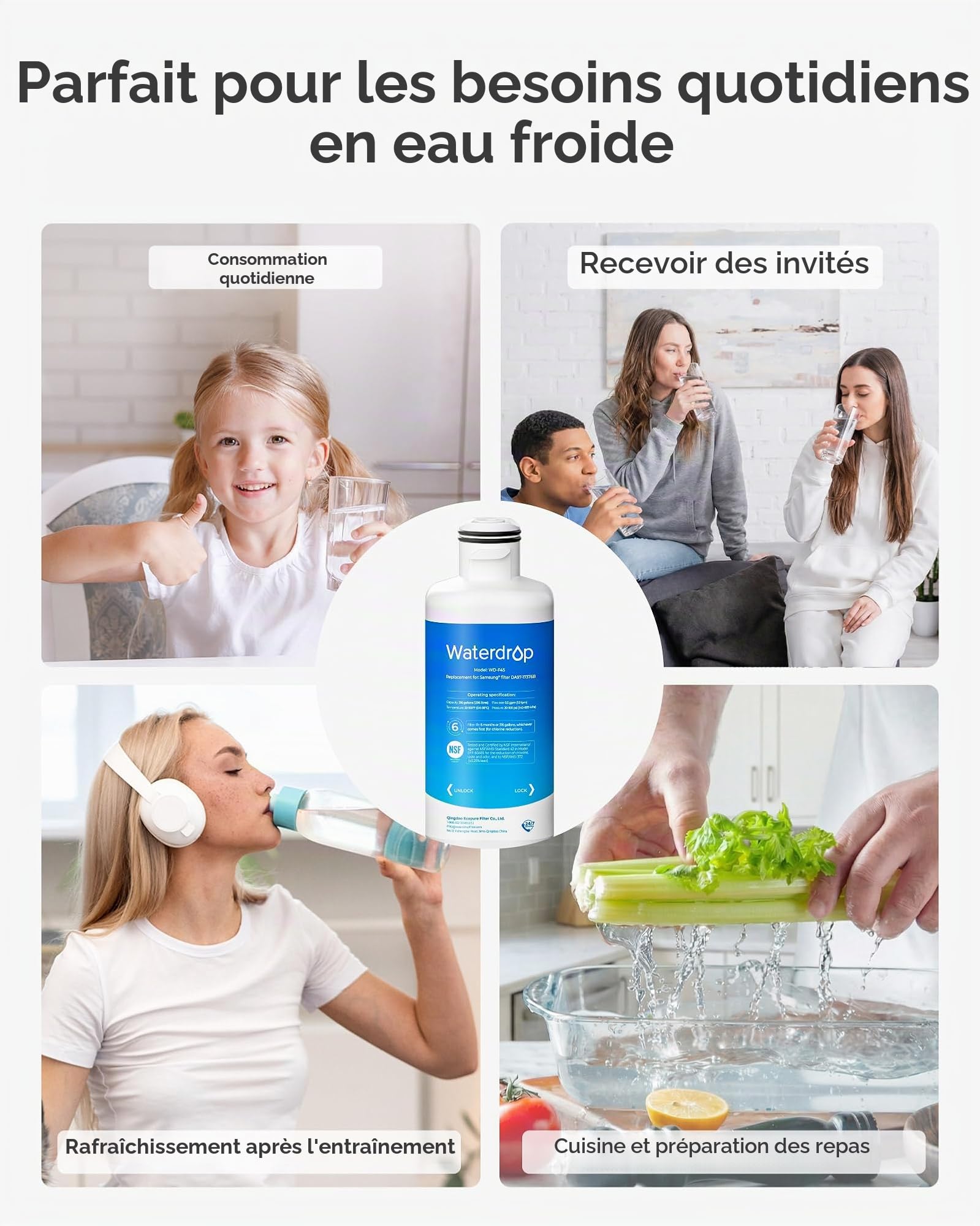 Waterdrop Filtre Frigo Compatible avec Samsung® DA97-17376B, 3 Pack | Compatible avec Samsung® HAF-Qin/EXP Réfrigérateur, DA97-17376B, HAF-Qin, DA97-08006C, Réduction des PFAS, PFOA/PFOS