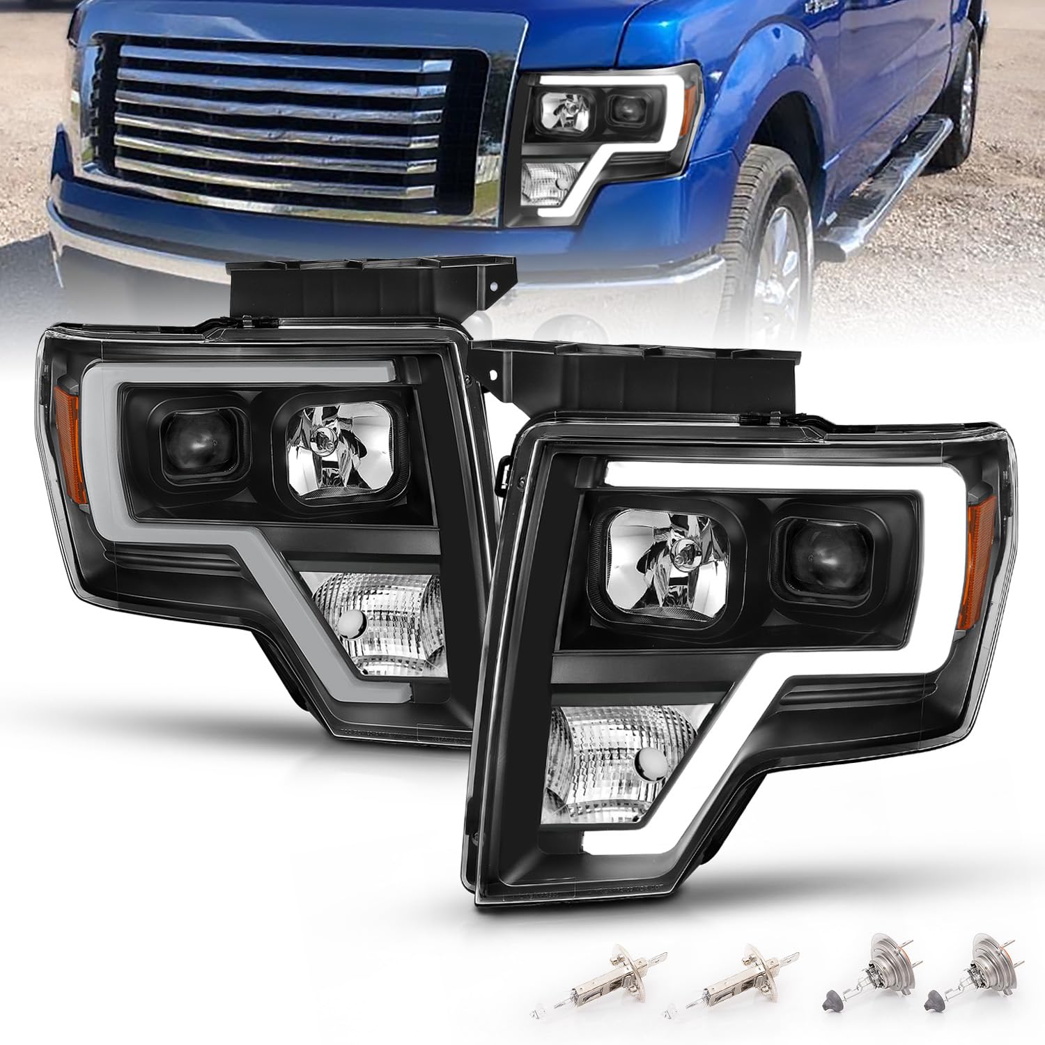AmeriLite for 2009-2014 Ford F150 Truck LED Bar Square Projector Halogen Black Headlights Set High/Low Beam Bulb Included - Driver and Passenger Side