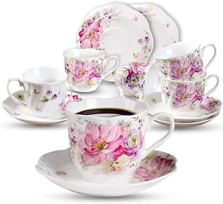 GuangYang Mini Espresso Cups & Saucers Set - 12 Pc Bone China, 2.5oz Floral Pattern, Dishwasher Safe for Coffee Tea Parties