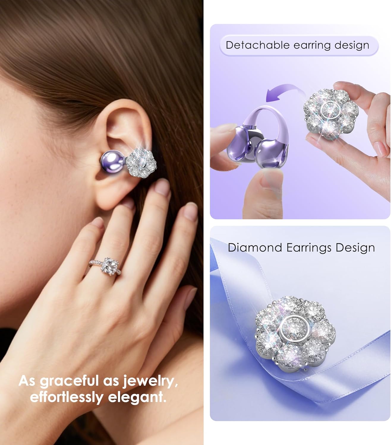 King Lucky i21 Open Ear Clip On Earbuds Wireless Bluetooth Ear Clip Headphones with Mic,Noise Cancelling, Waterproof IPX4,for Small Ears,Perfect for Running,Sports,and Glasses Wearers (07-Violet) - Image 3