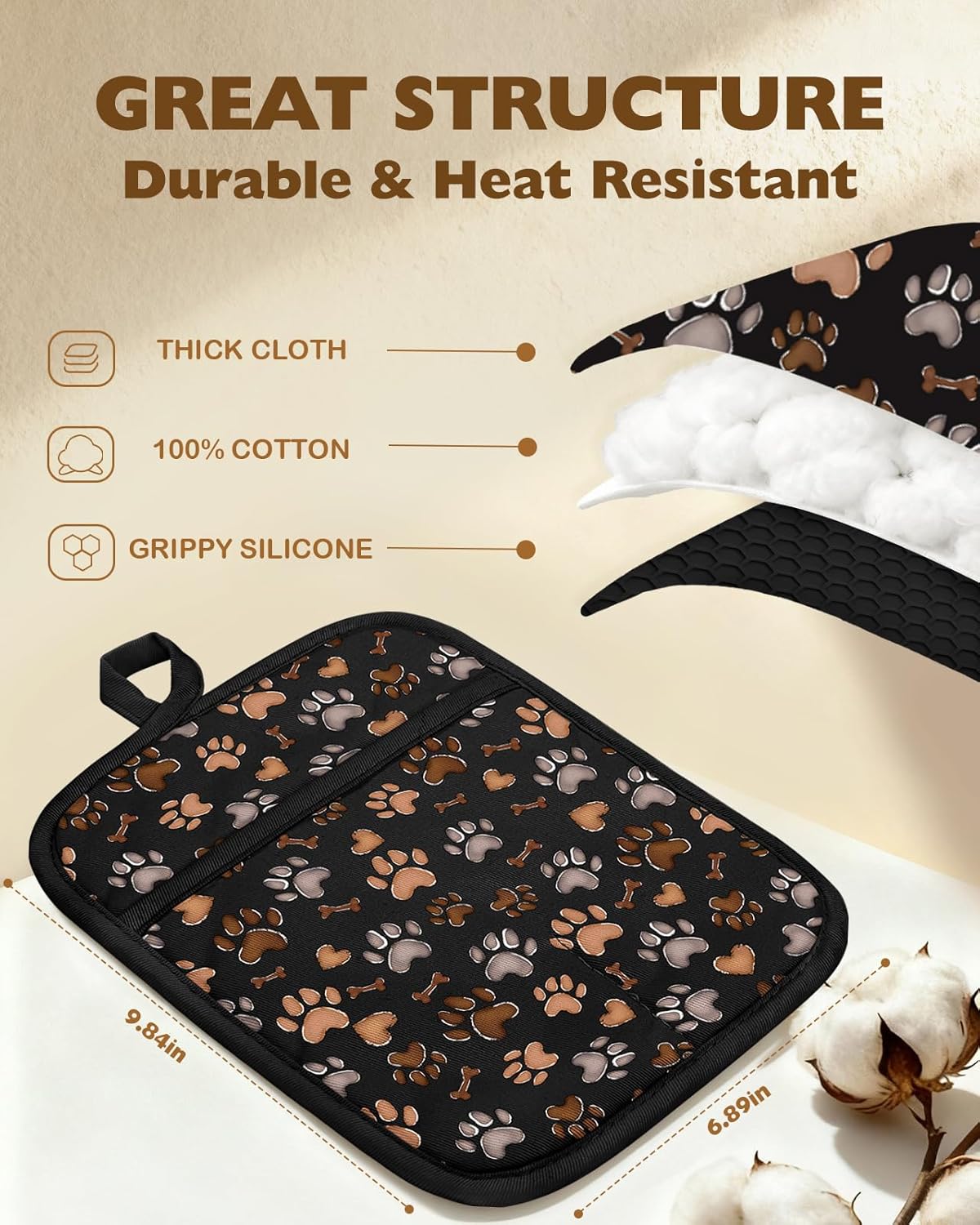 Slohif Silcone Paw Pot Holders for Kitchen - 100% Cotton Black Cute Oven Potholders with Pockets, Heat Resistant Square Thick Hot Pads, House New Home Baking Baker Gifts,2pack - Image 2