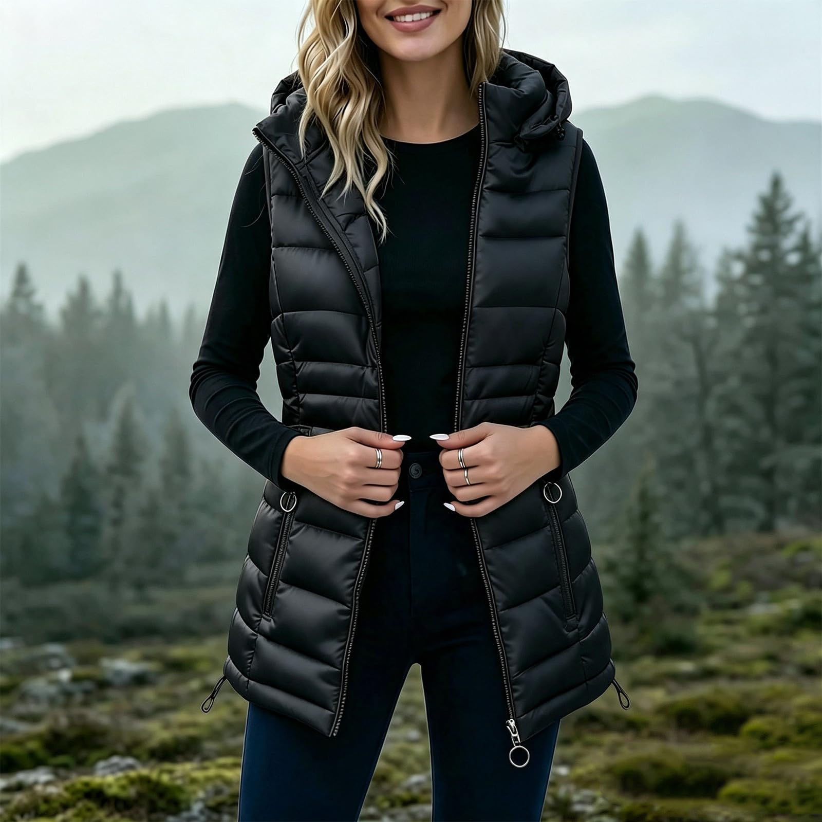 Gilet da donna con cappuccio invernale casual Puffer gilet donna longline colletto alla coreana giacche senza maniche con cerniera cappotti trapuntati imbottiti di media lunghezza con tasche con