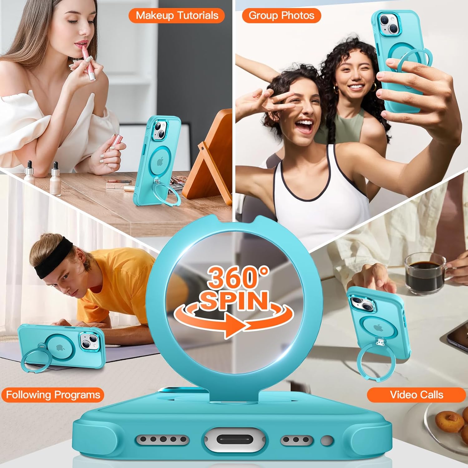Case for iPhone 15 with 360° Rotatable Magnetic Stand, Mil-Grade Drop Protection, Anti-Scratch/Anti-Slip/Anti-Fingerprint Translucent Matte Phone Case, Lake Blue