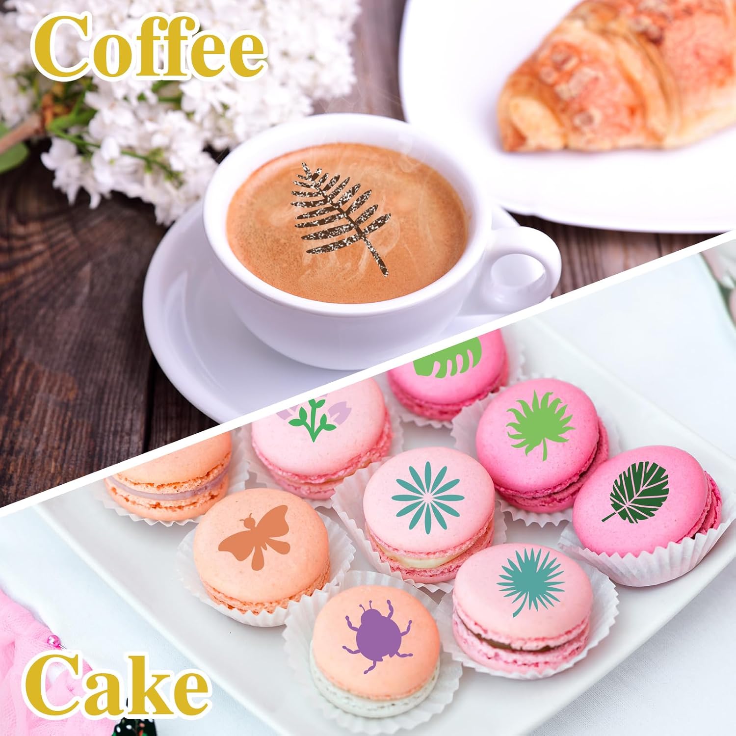 Konsait 20 Pack DIY Coffee Stencils Latte Art Templates for Decorations Reusable Cake Cookie Stencils,Includes Designs for Painting Butterfy, Flowers, Bunny, Bird,Perfect for Party Supplies