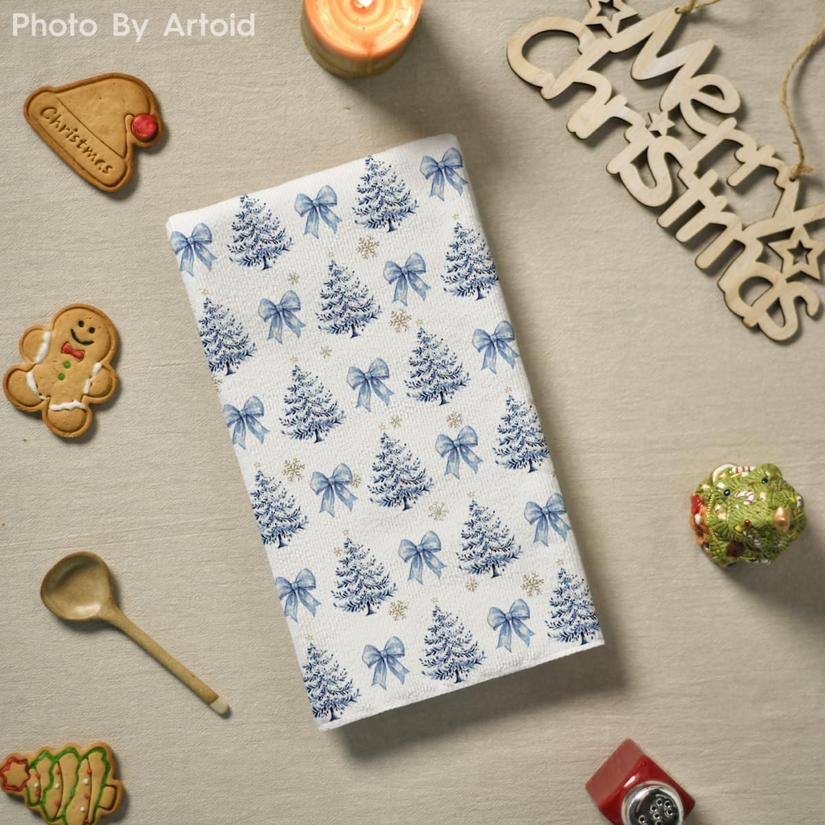 Artoid Mode Blue Bowknot Xmas Tree Christmas Kitchen Towels Dish Towels, 18x26 Inch Farmhouse Snowflake Winter Decoration Cleaning Set of 2 - Image 4