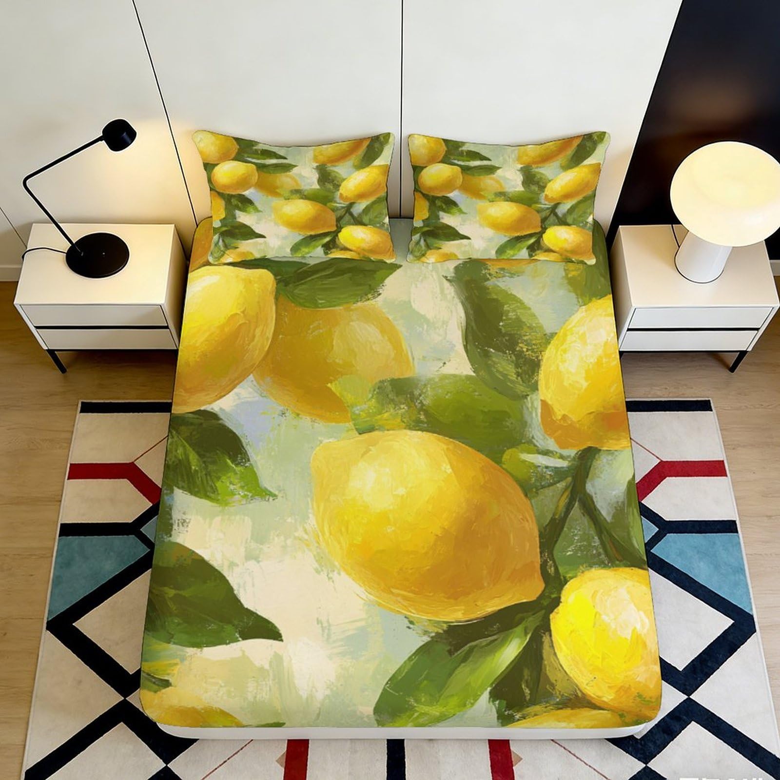 3D Printed Lemon Design Fitted Sheet Microfiber Deep Pocket Non-Slip Bedding Lemon Mattress Fitted Cover Washable for Bedroom 90x200x25cm