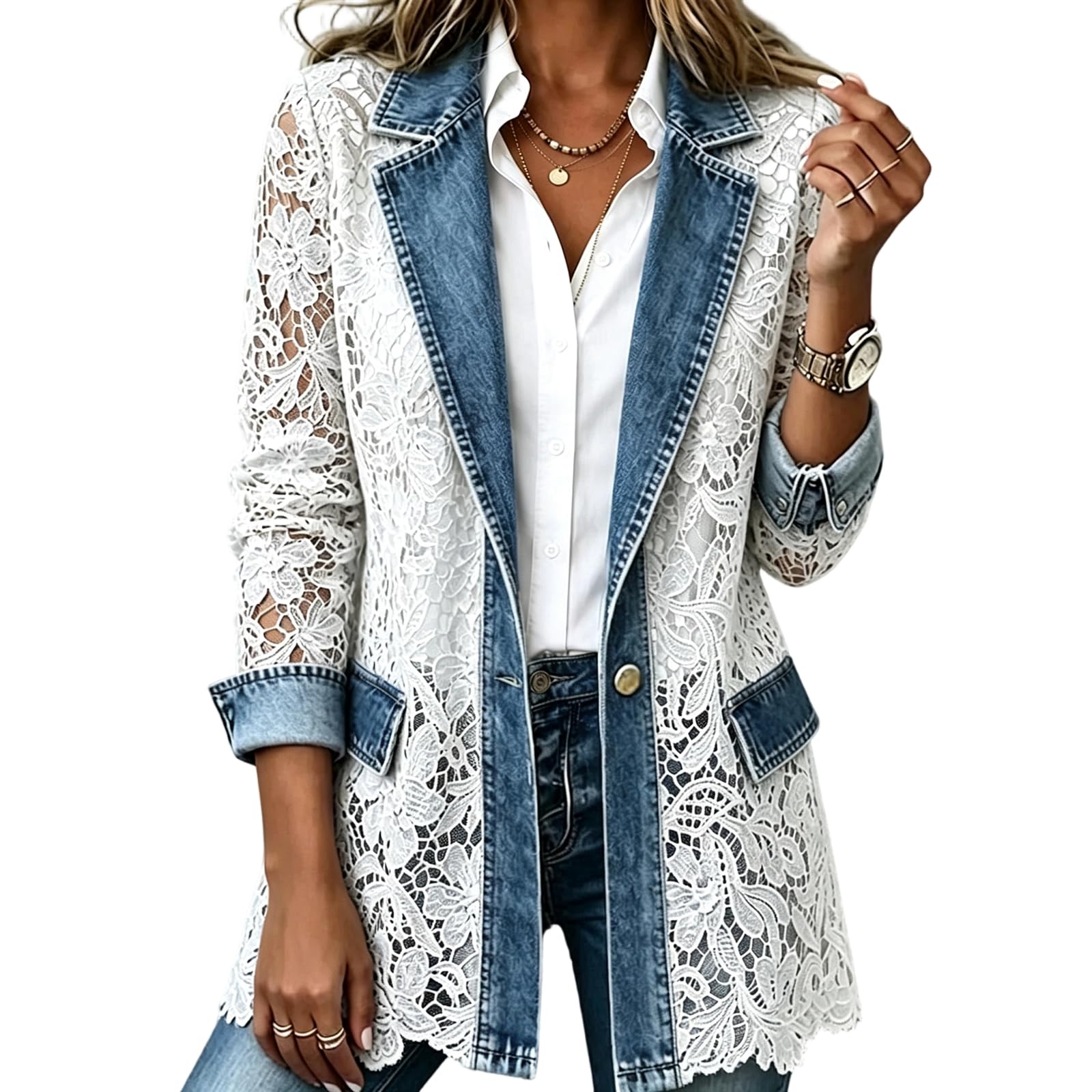 Generisch Jeansjacke Damen Mit Spitze Denim Jacket Patchwork Jeans Jacke