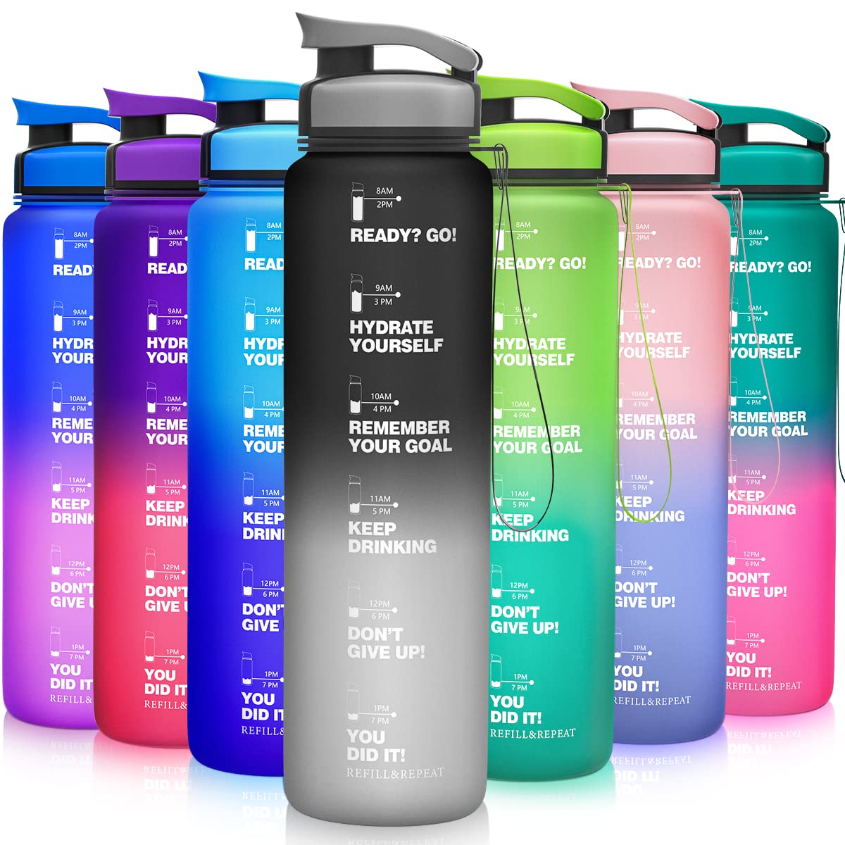 ZORRI32 OZ Water Bottles, BPA Free Leak Proof Motivational Times Tracking Sports Bottle, Reusable Tritan Plastic Water Jug for Sports & Outdoors, Gym, Yoga, Workout, School, Office