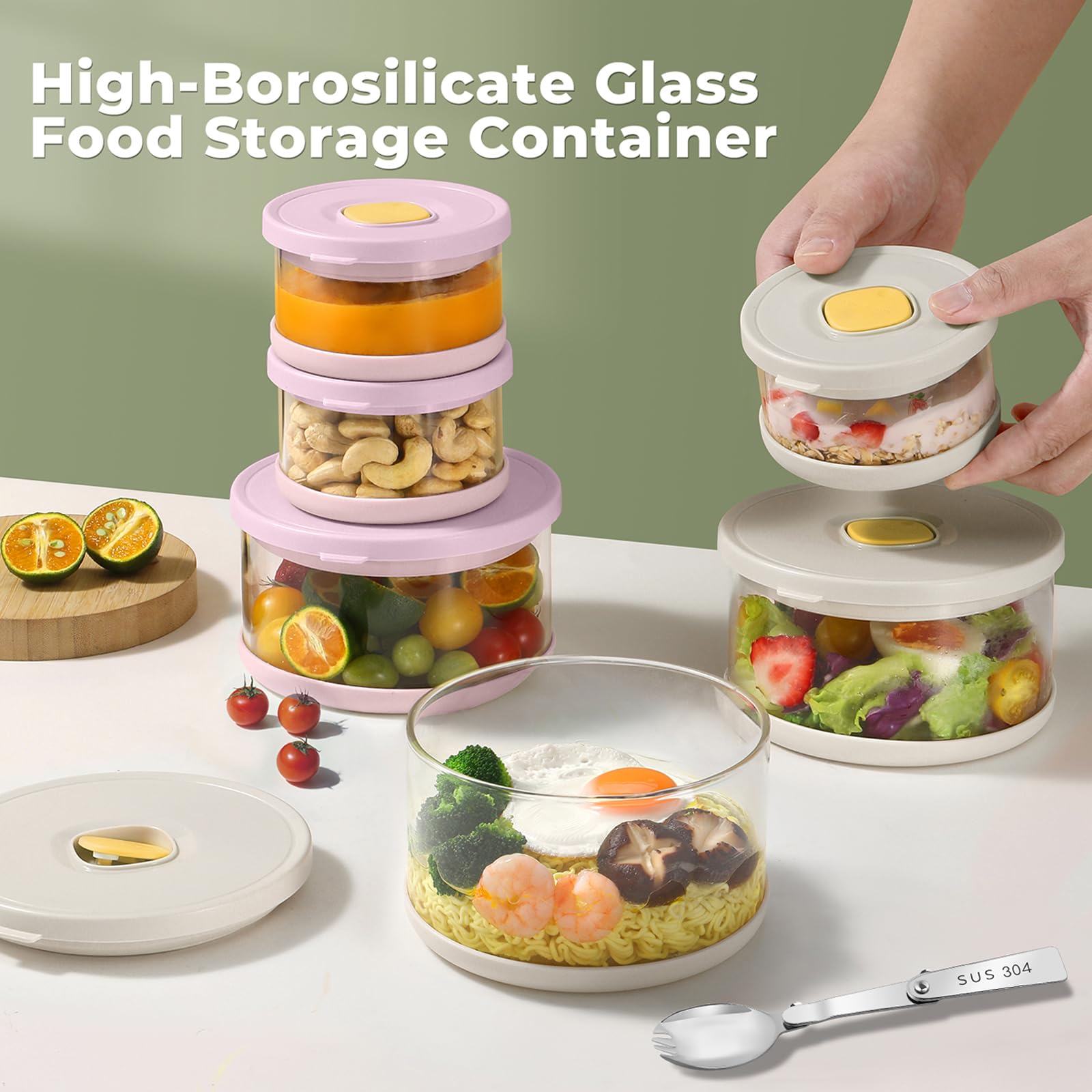 SAYAPE Recipientes de vidrio para almacenamiento de alimentos con tapas herméticas, recipientes de vidrio de borosilicato alto de 33.8 onzas y 11.5 onzas con tenedor, cajas de almuerzo Bento para