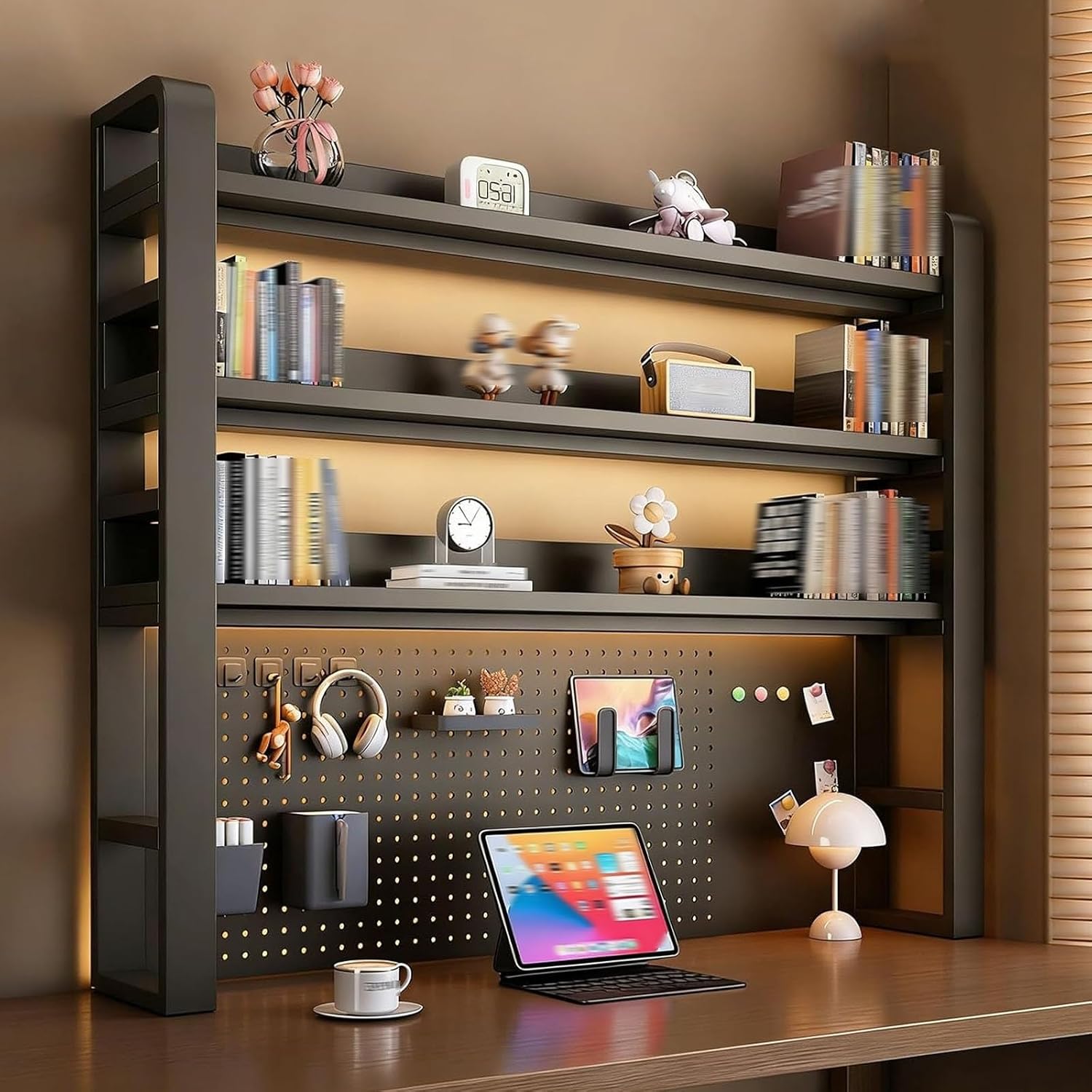 4-Tier Metal Desk Organizer with Pegboard | Space-Saving Shelves for Office & Dorm | Black Display Rack for Office Supplies | 45.2in L Storage Solution