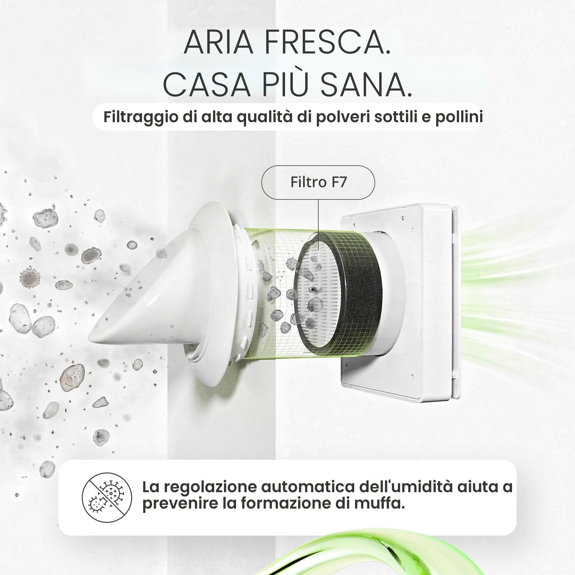 Ventilazione ambiente decentralizzata con recupero di calore, filtro F7 e WiFi. Recupero calore 97%, controllo umidità, serranda motorizzata. Diametro=160mm