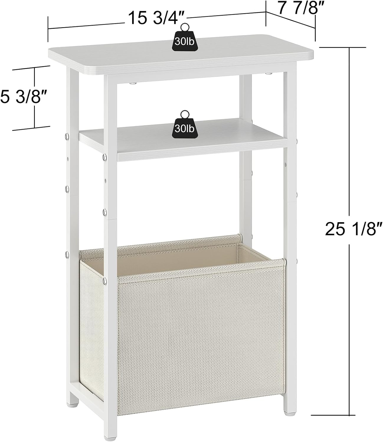 sthmec Narrow Side Table Set of 2, Skinny End Tables with Fabric Basket, Small Side Tables for Small Space,2-Tier Open Shelves with Basket, Slim Nightstands Set 2 for Bedroom,Livinroom,Office,White