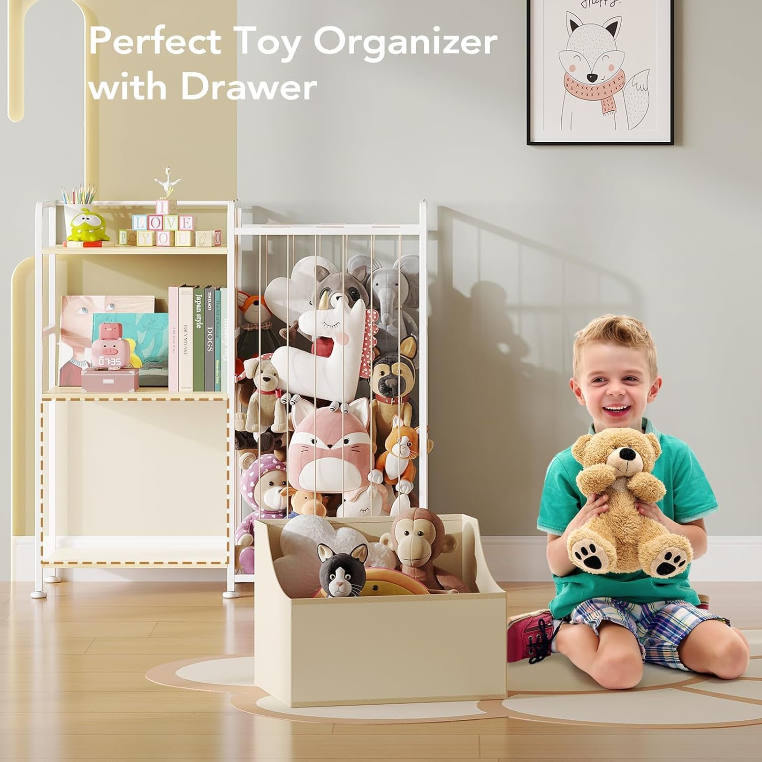 BBLIKE Stuffed Animal Storage - Stuffed Animal Net with Kids Bookshelf and Toy Organizer, 2-Tier White Bookshelf with Stuffed Animal Holder and Fabric Toy Chest for Kids Room, Playroom, Nursery, Beige