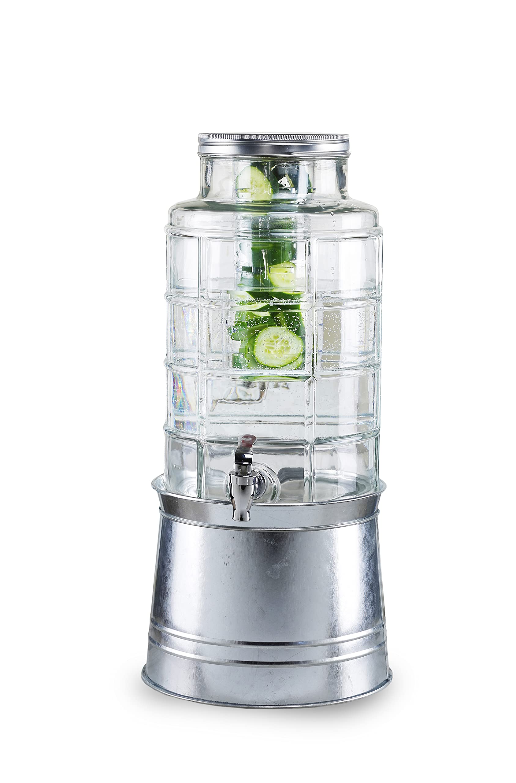 Style Setter Patchwork Beverage Dispenser High Quality Cold Drink Dispenser w/ 2.4-Gallon Capacity Glass Jug, Ice Insert, Fruit Infuser, Galvanized Base, Leak-Proof Spigot Great for Parties Weddings