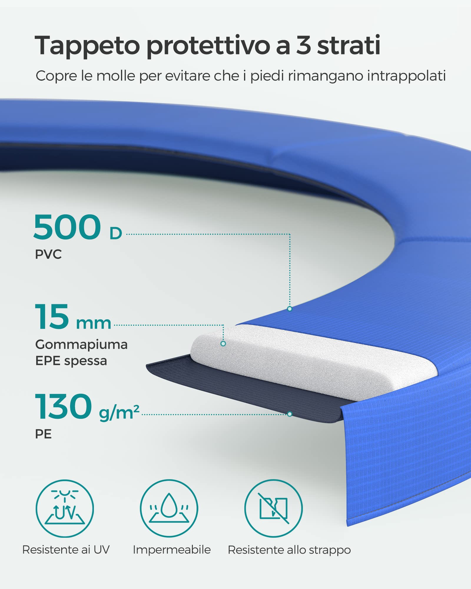 SONGMICS Trampolino esterno bambino diametro 183/244/305/366/427 cm, rete di protezione esterna, cuscini di sicurezza, scala, palo dritto alto 180 cm, telaio in acciaio