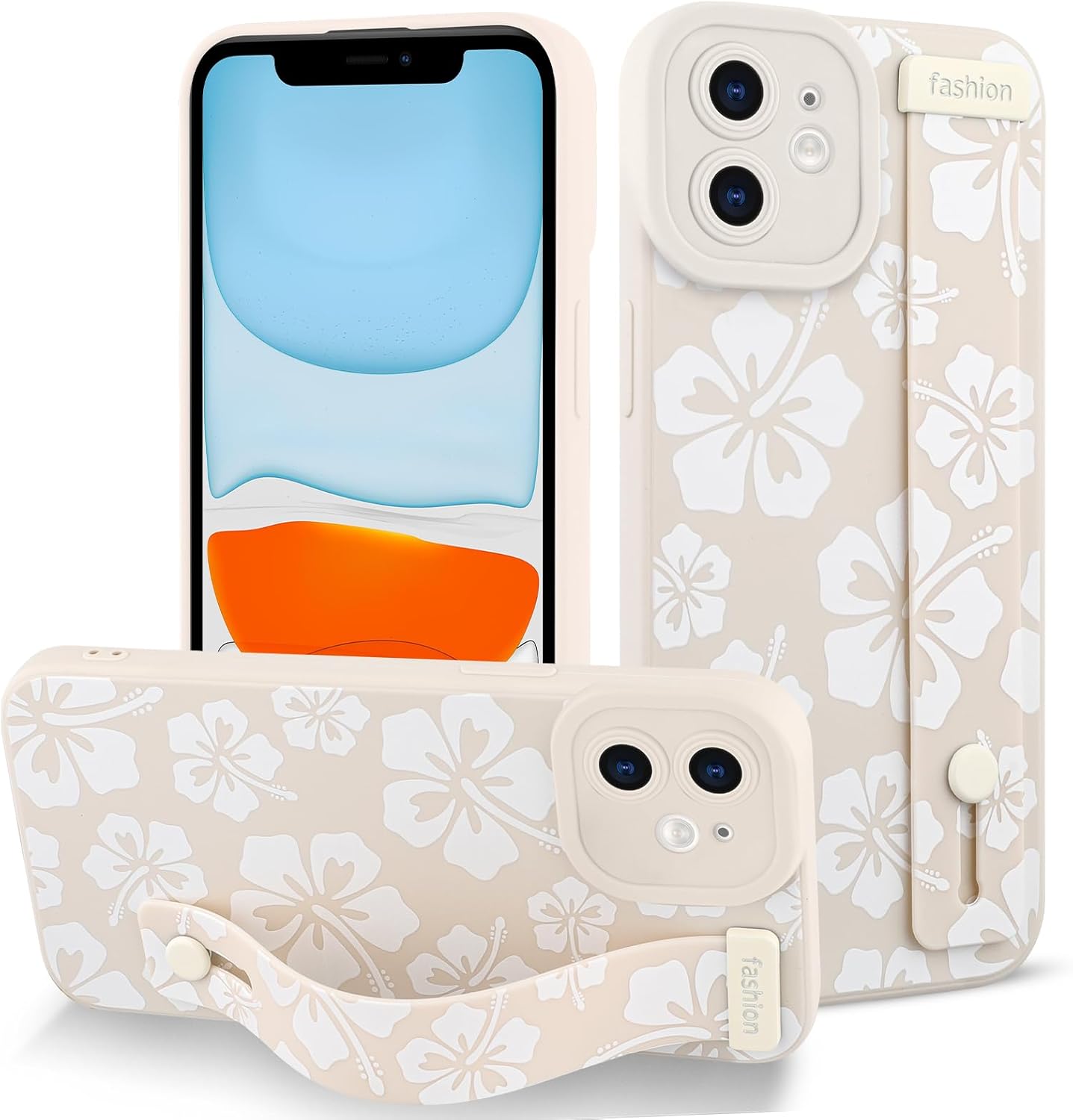 Fiyart Designed for iPhone 11 Case Cute Flowers with Strap Soft TPU Phone Cover Protective Camera Lens Protection for Women Men Floral Bumper with Stand 6.1"-White iPhone 11 White