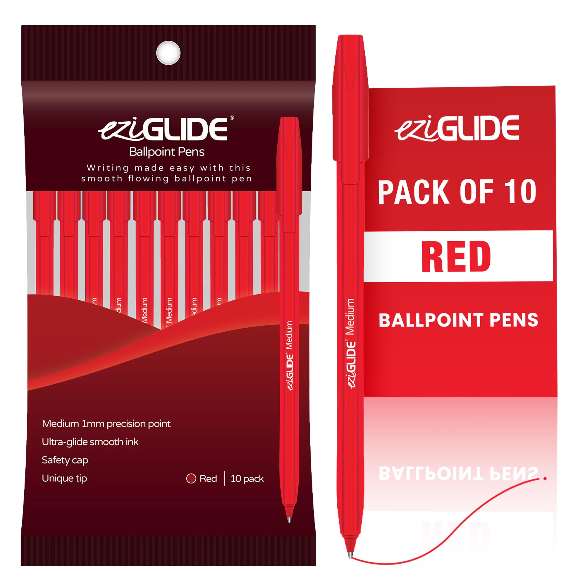 Eziglide 10-Pack Ballpoint Pens, Red - (1.0mm) Medium Point Pens for School โ image 1