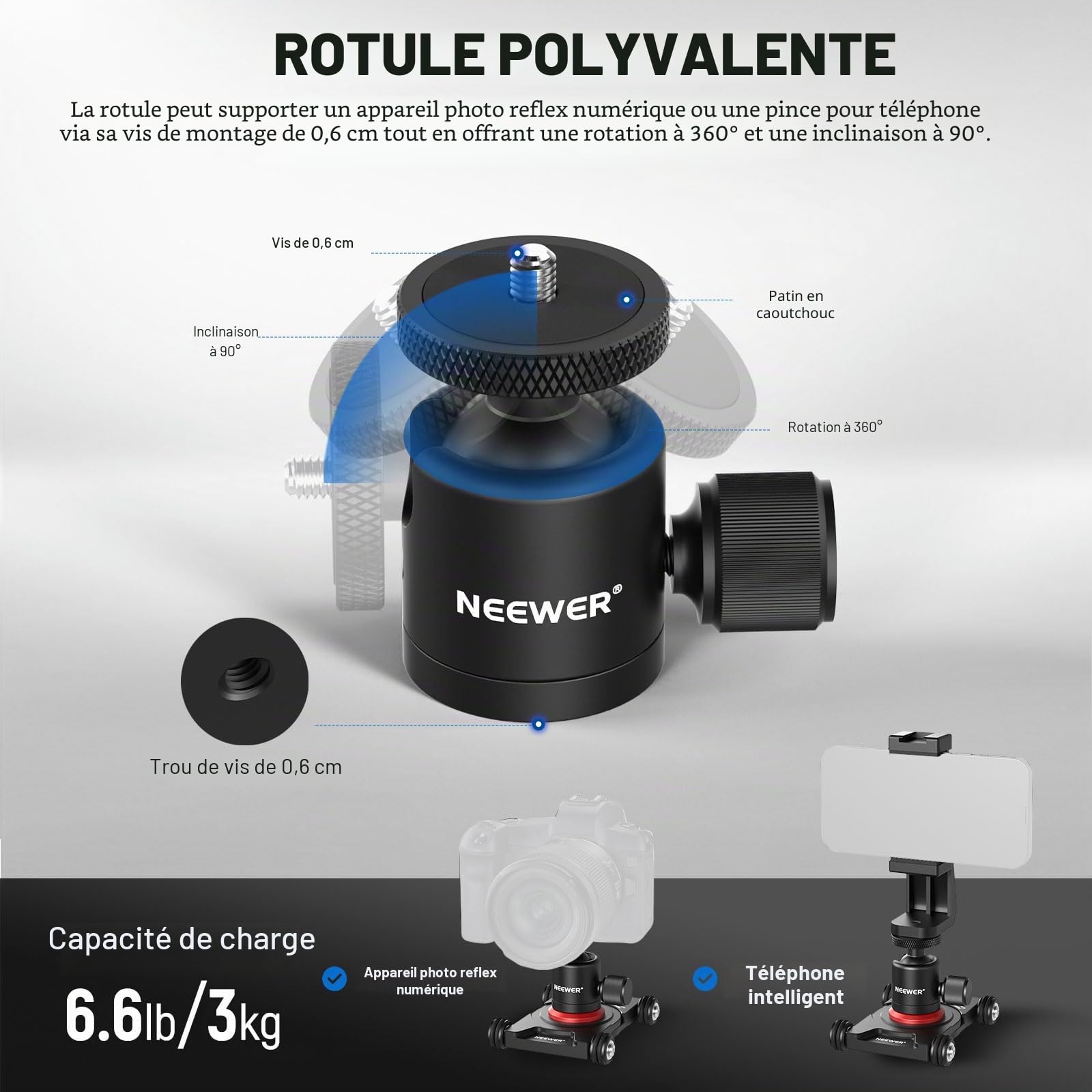 NEEWER Dolly SD001 Appareil Photo Coulissant avec rotule et Pince pour téléphone Portable 4 Roues panoramique à 360° Compatible avec caméra sans Miroir Mini Caméscope GoPro iPhone et téléphones