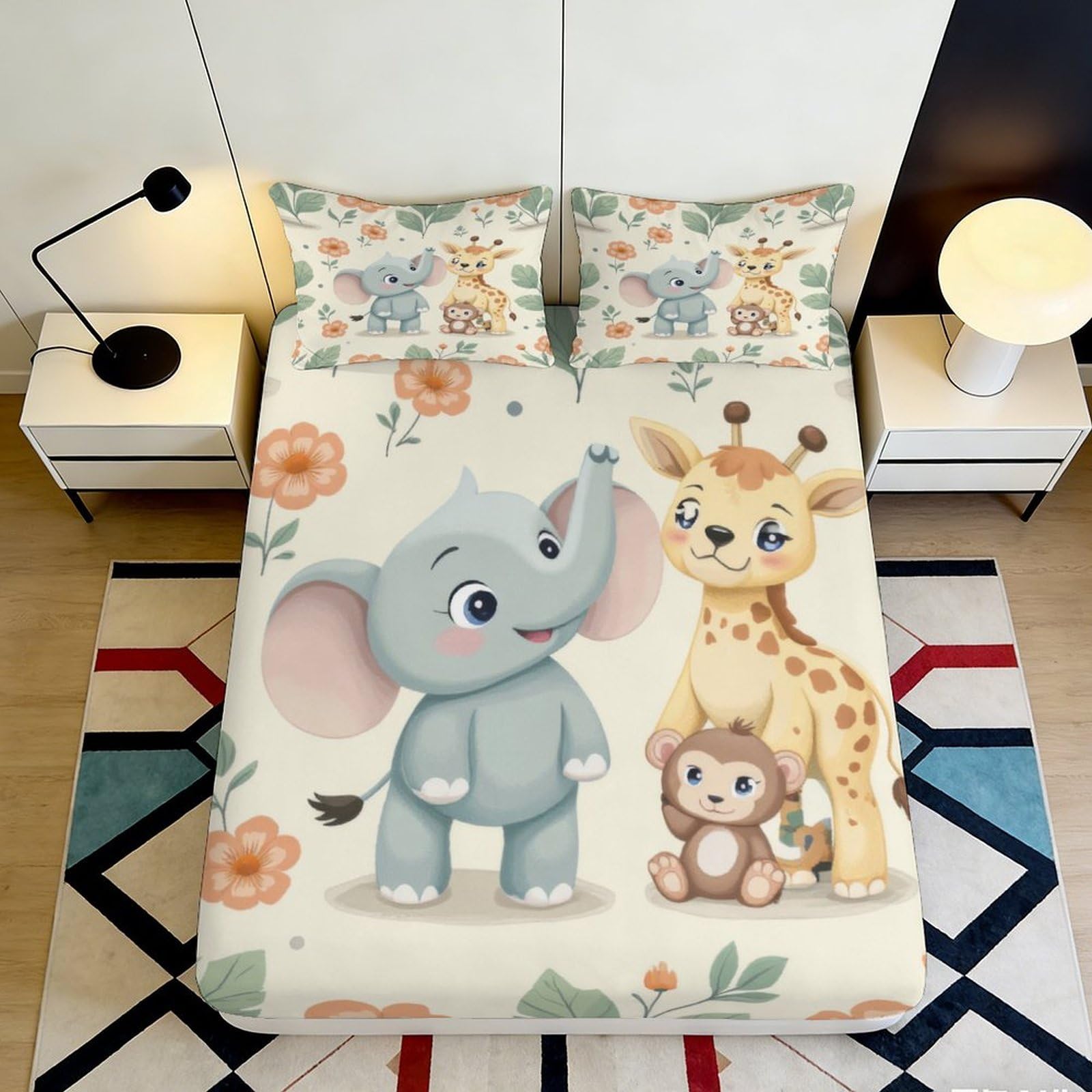 3D Printed Cartoon Elephant Fitted Sheet Microfiber Soft Jungle Giraffe Bed Sheet for Bedroom Dorm Mattress Decor 90x200x25cm