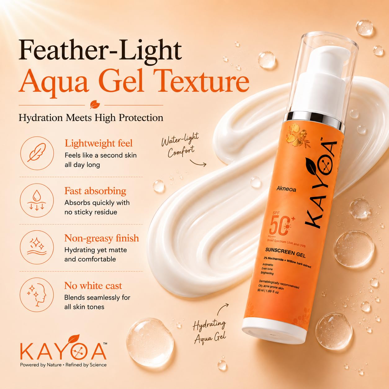 KAYOA Akneoa Sunscreen Gel SPF 50+ PA++++ | Broad Spectrum UVA/UVB