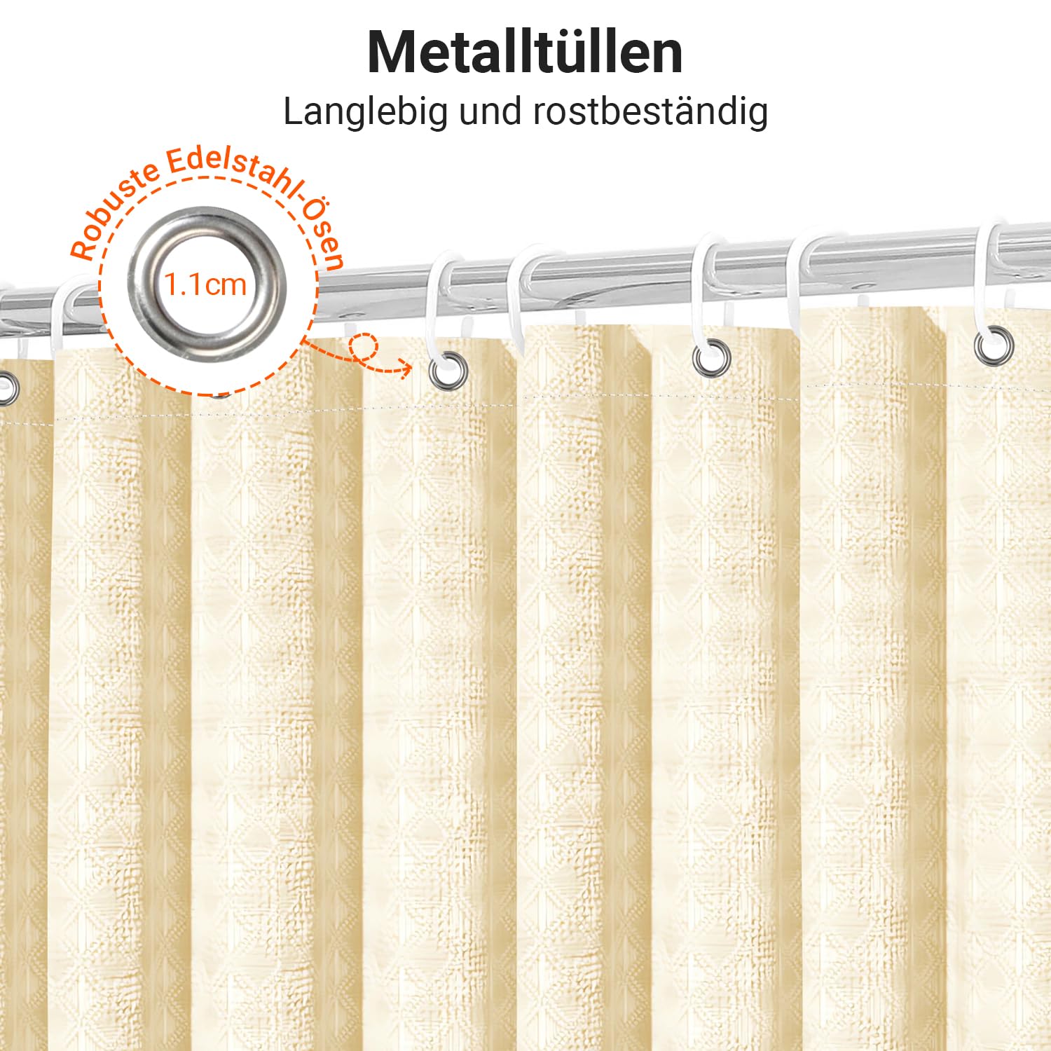 Lerores Rideau de douche 180 x 200 cm - Motif gaufre diamant - Beige - Ourlet lesté - Textile anti-moisissure - Imperméable - Lavable - Tissu polyester - Pour salle de bain, baignoire - Avec 12