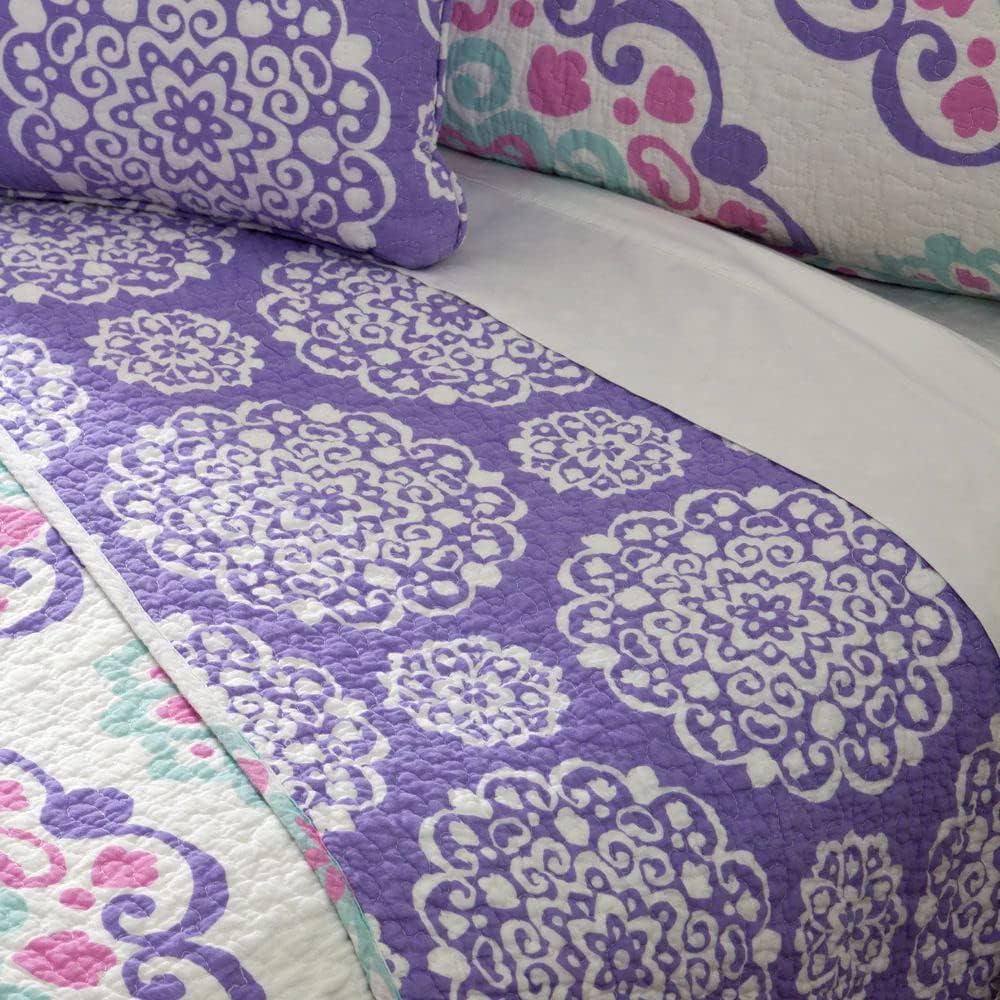 Gеt Chеар Prісе Mytex, Vivian 4-Piece Quilt Set Featuring Medallion Pattern, Bohemian Style, Cotton, Reversible Bedding, Teen, Girls, Purple, Aqua, and Pink Full