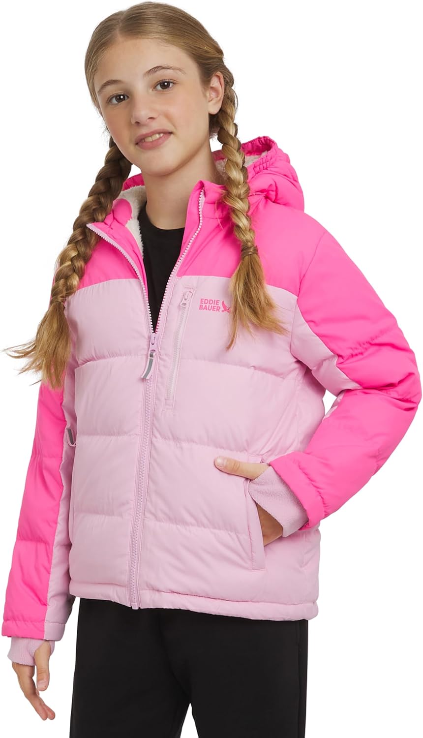 Eddie Bauer Girls' Classic Heavyweight Faux Fur Lined Hooded Insulated Down Jacket
