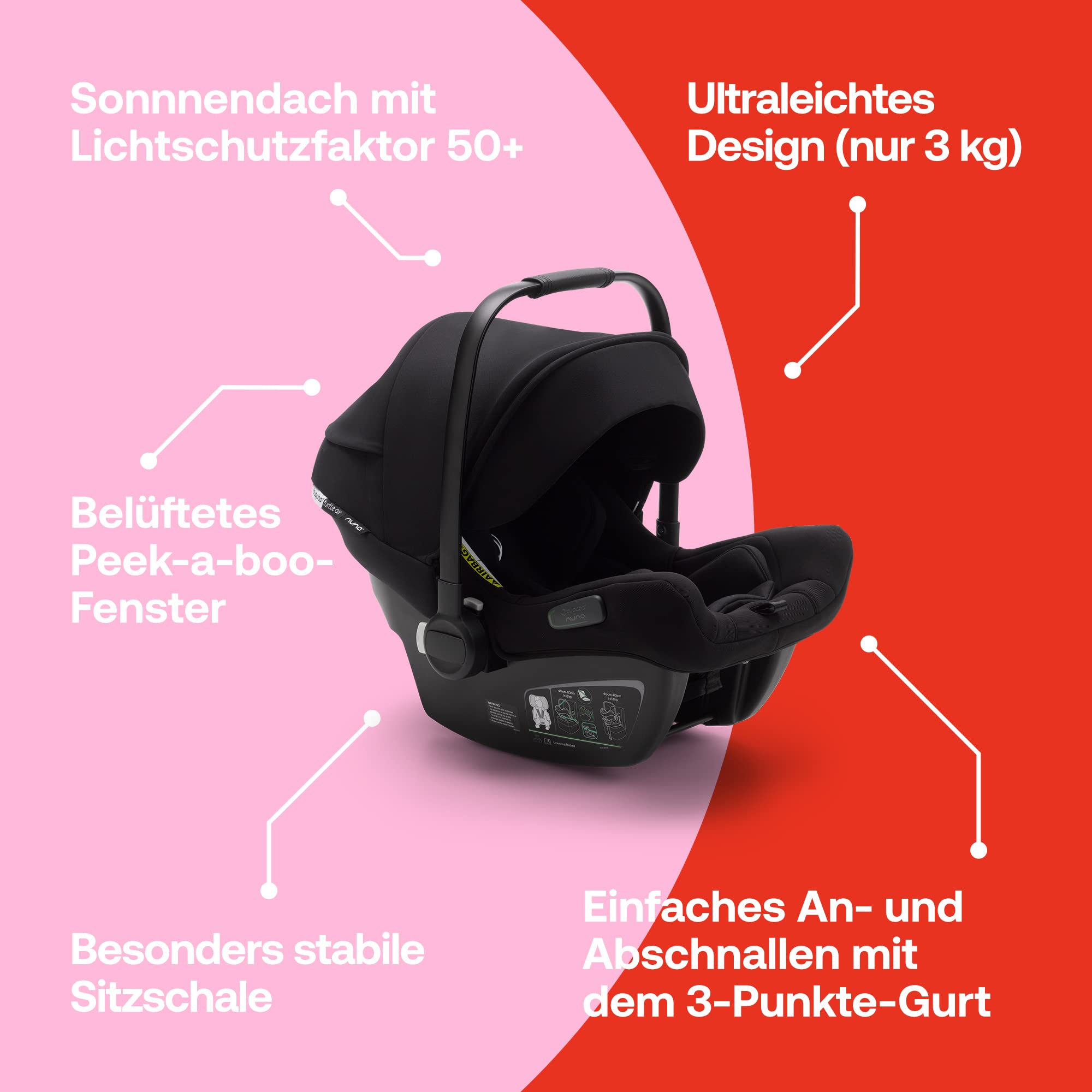 Bugaboo Turtle Air by Nuna, komfortabler Kindersitz fürs Auto mit Donkey Adaptern für den Autositz und großem Sonnendach, ultra-leicht & sicher