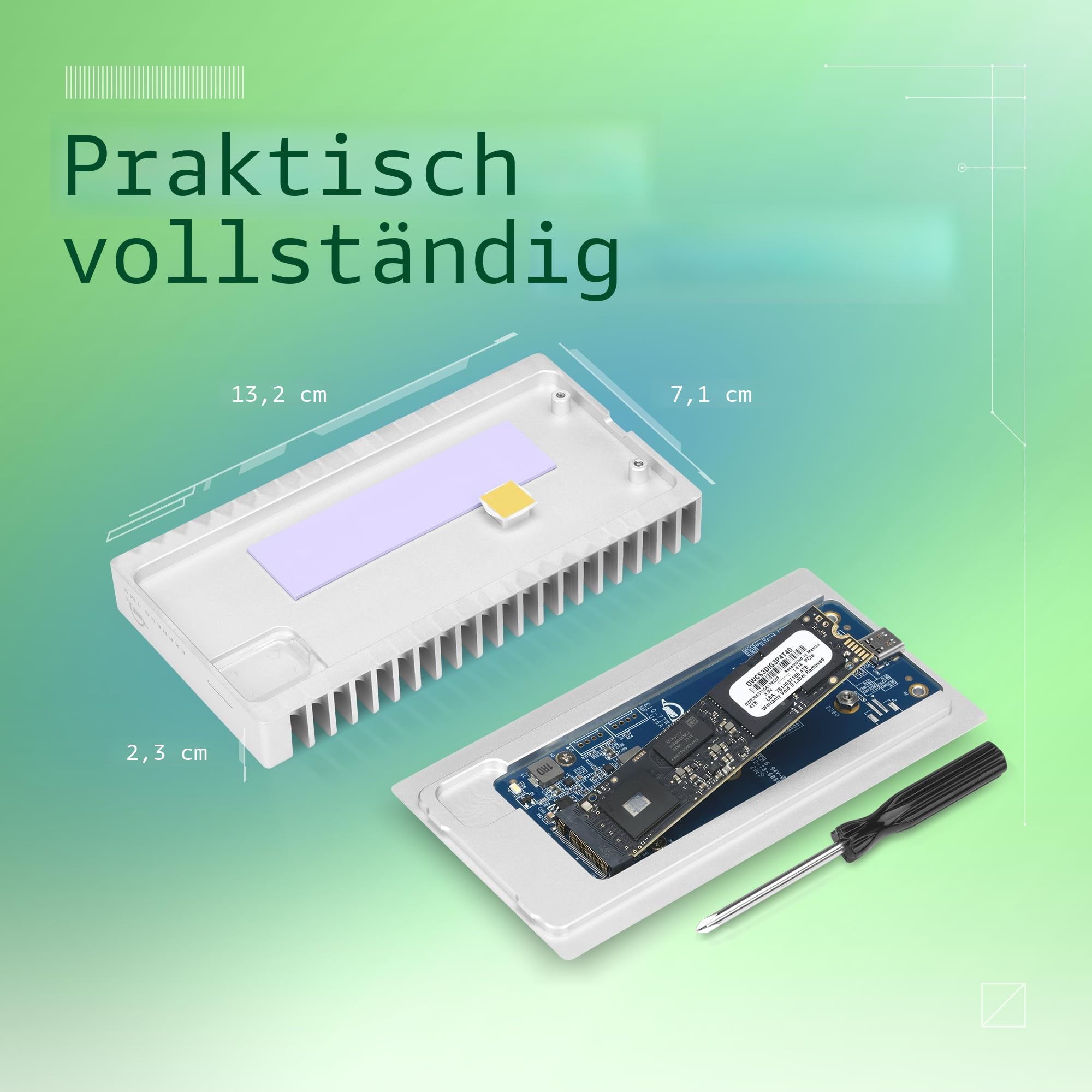 OWC Express 1M2 40Gb/s tragbares NVMe SSD-Laufwerk USB4 (Thunderbolt Compatible/USB-C), ultraschnelles externes SSD-Laufwerk mit Aluminium-Kühlkörpergehäuse (nur Gehäuse)
