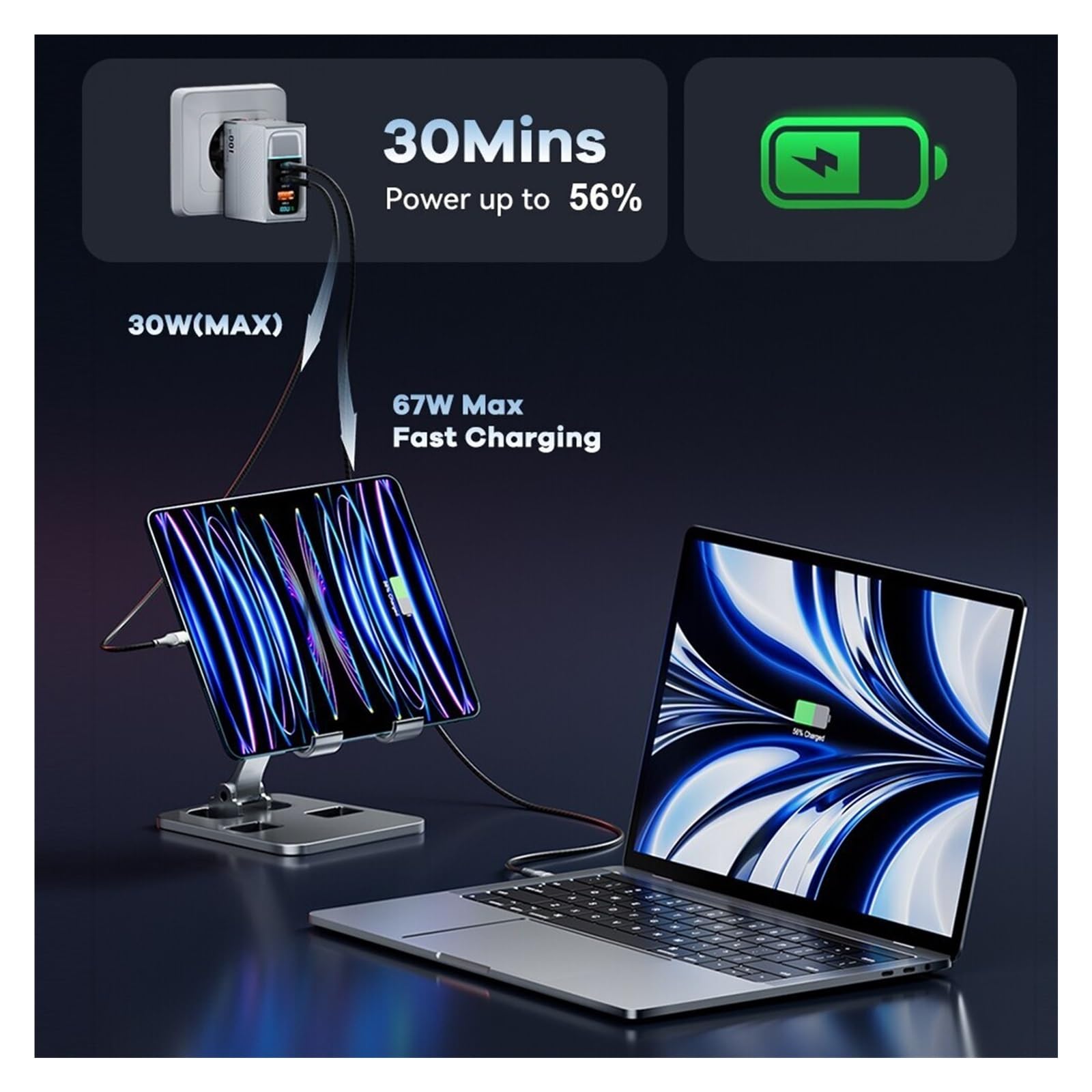 100W GaN Charger QC4.0 PD 67W 65W PPS Display Portable Multi USB Type C Fast Charger For Laptop Tablet(U-S-Plug,100W GaN With Cable)