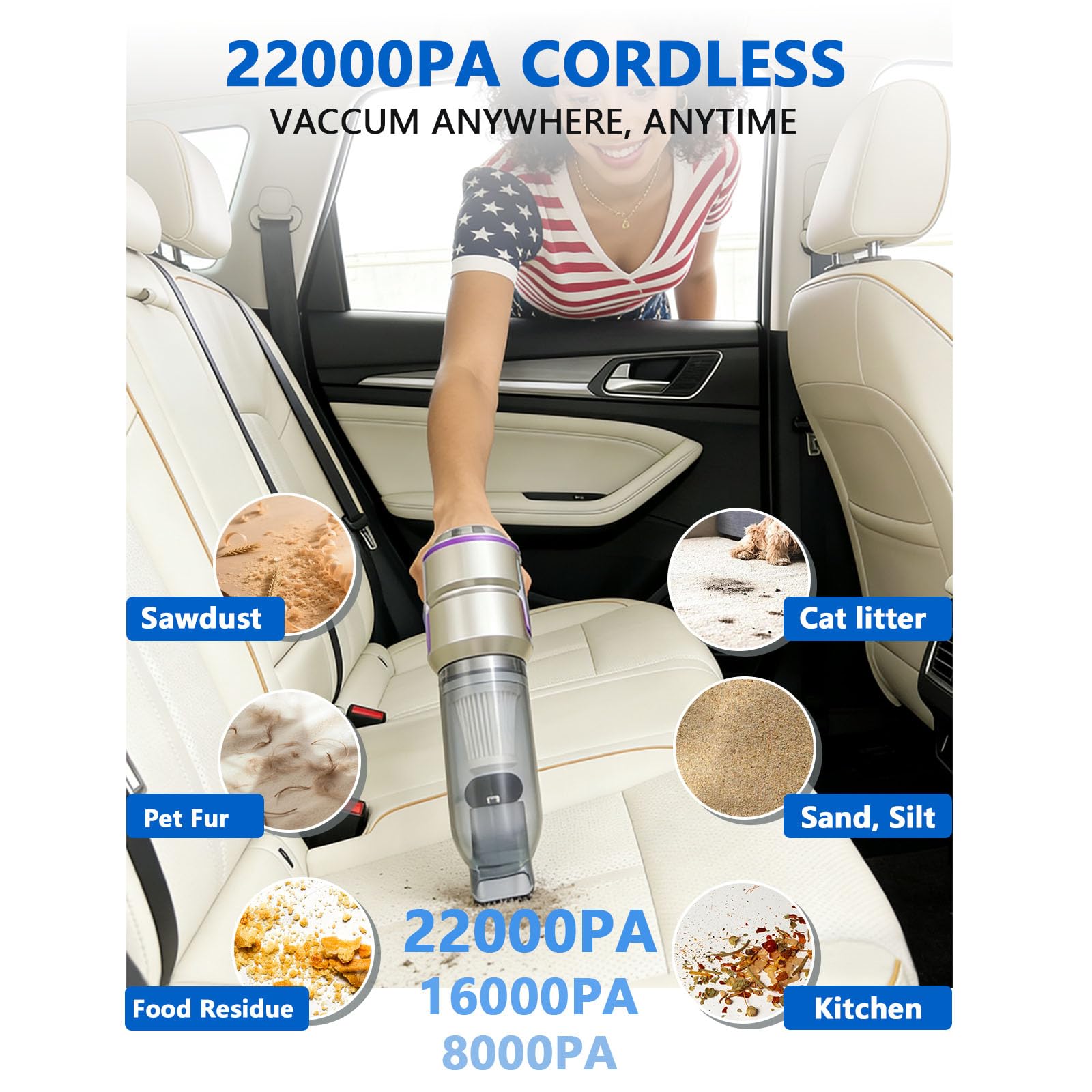 Frumeo 7-in-1 Powerful Car Vacuum Cleaner Cordless, 22000PA Mini Handheld Vacuum with LED Display, 3 Modes, Brushless Motor Portable Duster Blower Pump Hand Vacuum for Car, Home, Office - 4