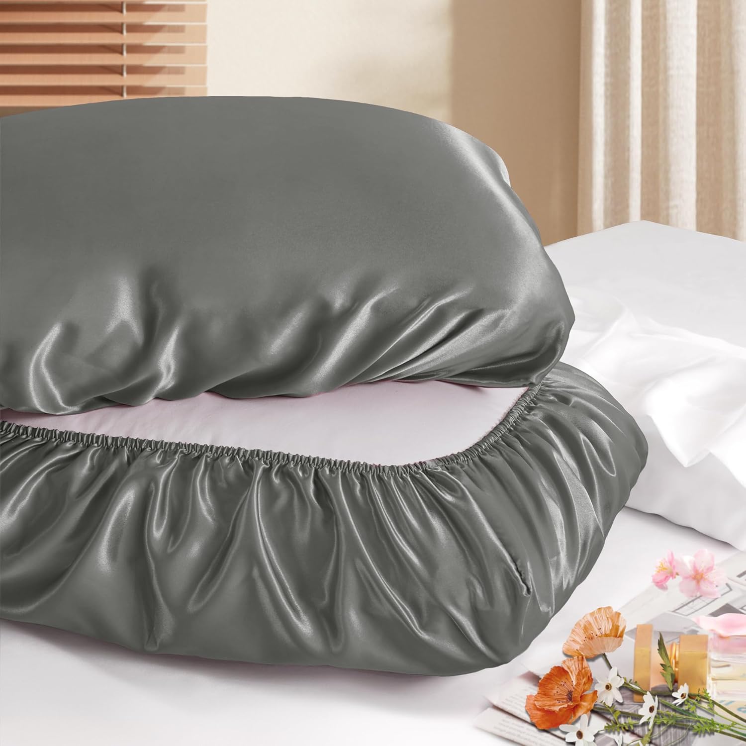 Manyshofu Satin Pillowcases for Hair Protection – 2Pcs Grey Pillow Cases, Elastic Band Standard & Queen Satin Pillowcases Luxury Silky Pillow Cases Travel Pillow Covers Manyshofu Satin Pillowcases for Hair Protection – 2Pcs Grey Pillow Cases, Elastic Band Standard & Queen Satin Pillowcases Luxury Silky Pillow Cases Travel Pillow Covers