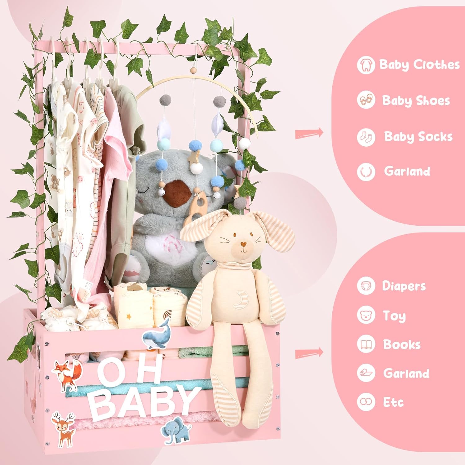Large Baby Shower Gifts Basket Wooden Crate, Personalized Wooden Letters Hangers New Born Baby Girl Boy Pregnancy Gifts for New Mom Parents Vine Decorations Cute Closet with Adjustable Handle Pink