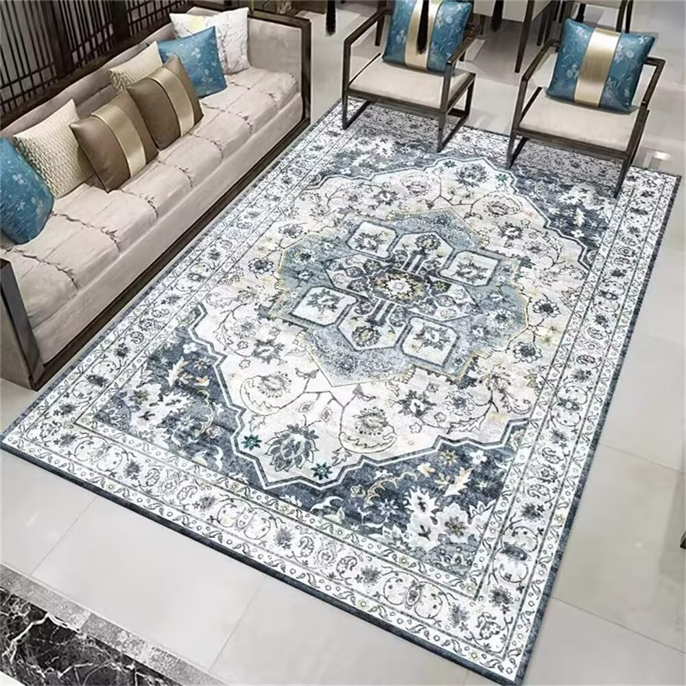 Tapis moquette de cuisine lavable grand format bleu floral vintage salon chambre