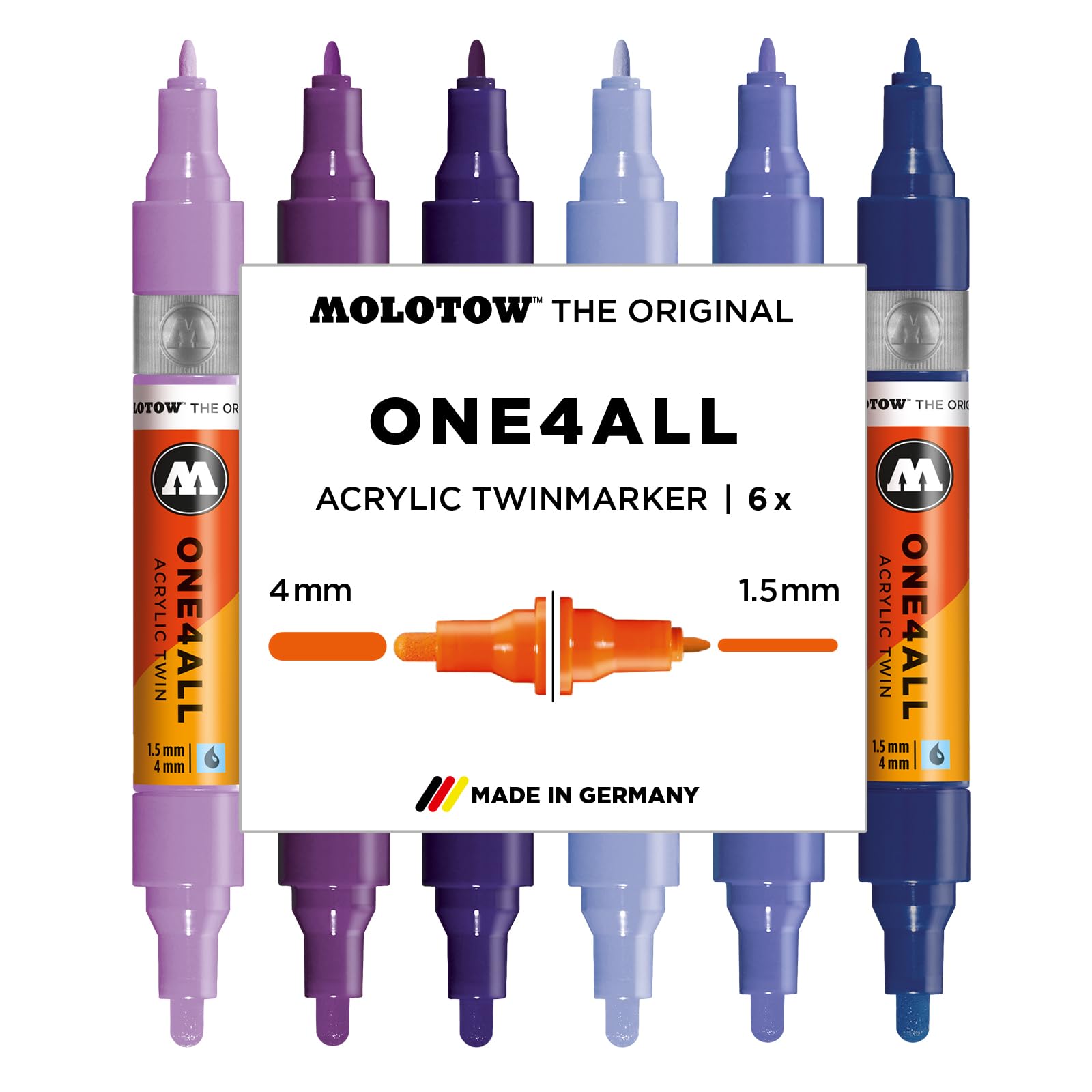 Molotow One4All Acrylic Twin Marker Violet Set (1,5 und 4,0 mm Strichstärke, hochdeckend und permanent, schnell trocknend, nachfüllbar, für fast alle Untergründe) 6 Stück sortiert