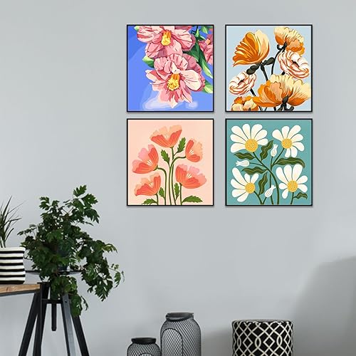 Miniatura 2 de Amphol Pintura de flores por números para adultos en lienzo enmarcado, paquete de 4 unidades de 10 x 10 pulgadas, kit de pintura fácil de enmarcar