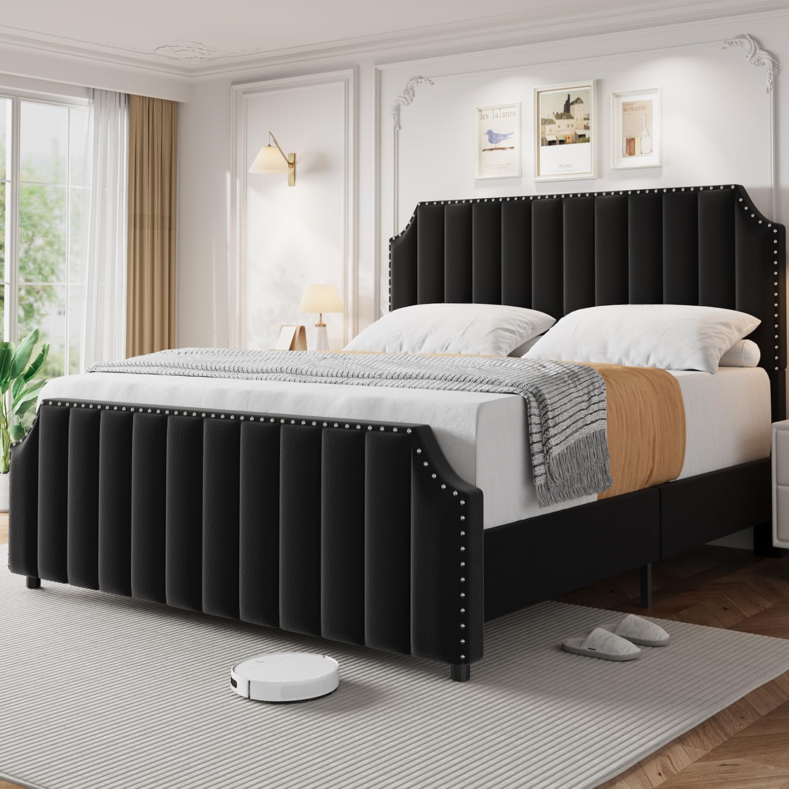 coucheta Velvet Upholstered Bed Frame with Tall Headboard &amp; Footboard