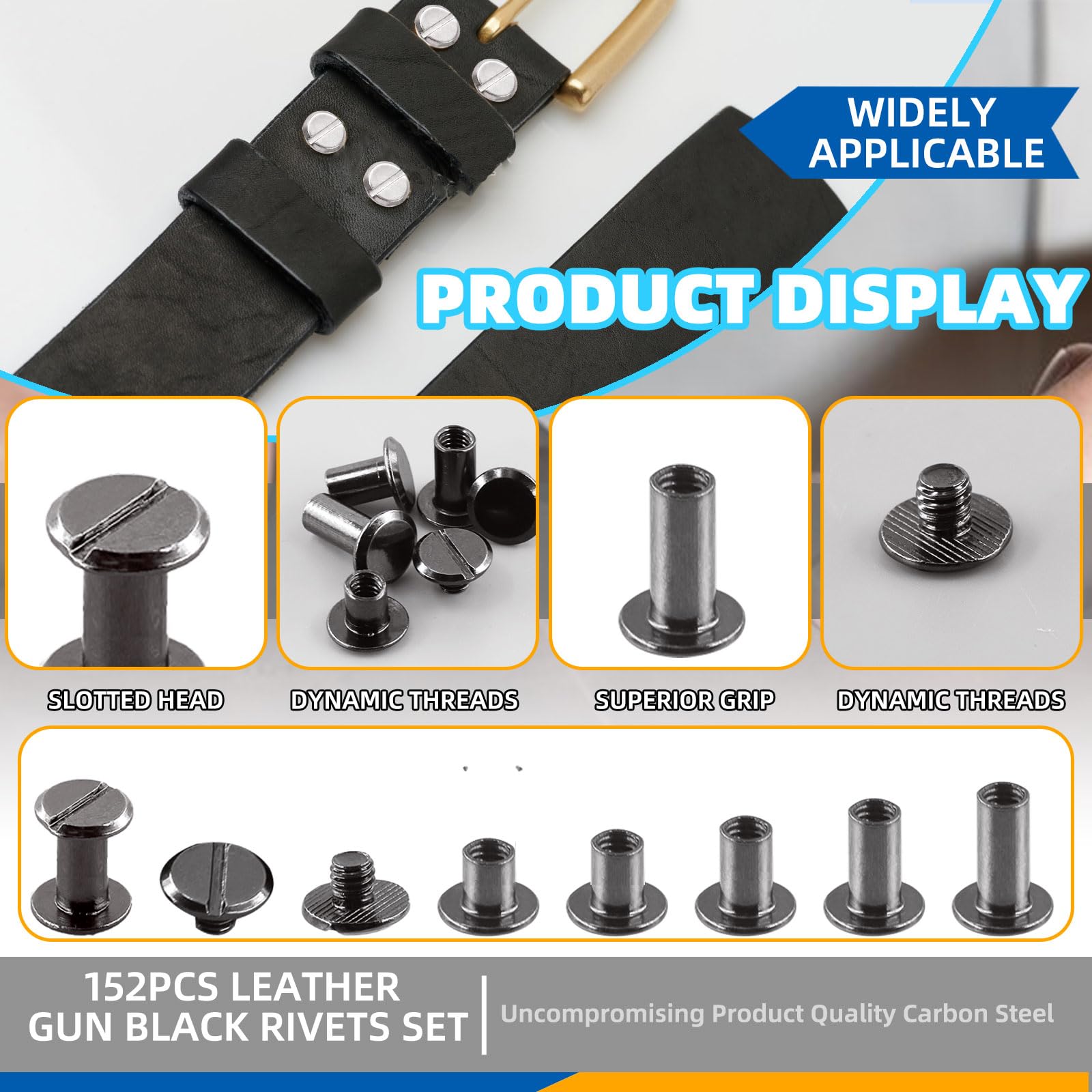 Glarks 150 Sets Gun Chicago Screws Assorted Kit, M5 x 5mm, 6mm, 8mm, 10mm, 12mm Chicago Rivets and 4x4mm Flat Head Stud Screw - Image 3